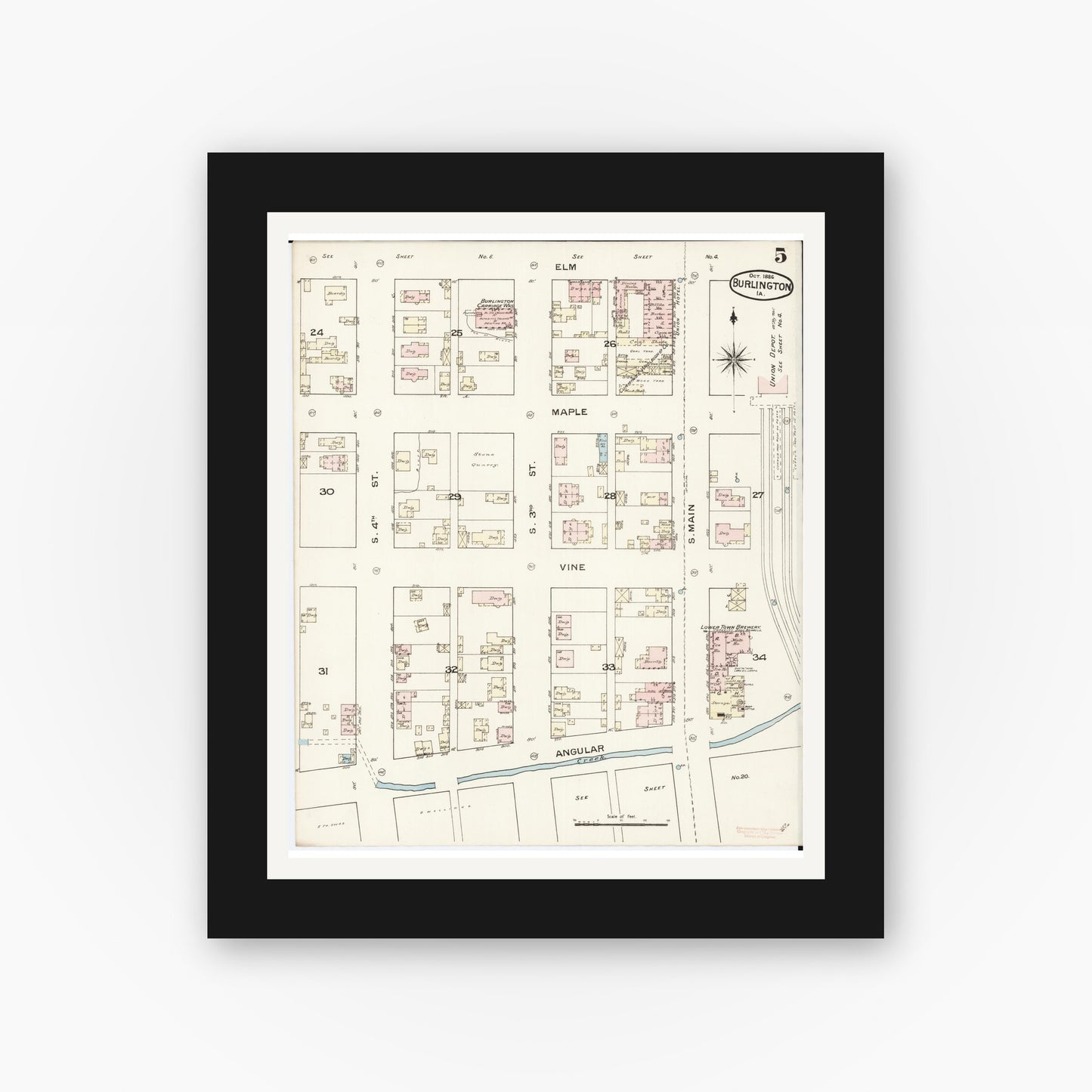 Old map wall art mockup — black gallery frame with white mat — Sanborn Fire Insurance Map from Burlington, Des Moines County, Iowa (1888), Sheet #0005