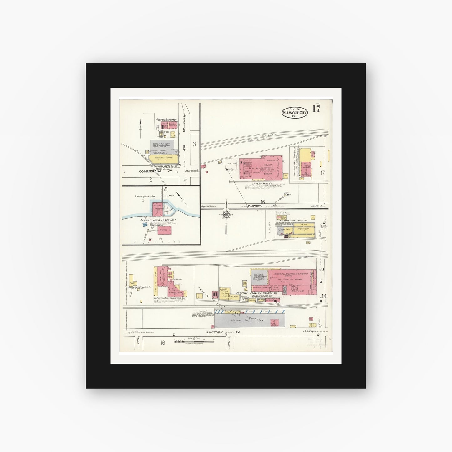 Old map wall art mockup — black gallery frame with white mat — Sanborn Fire Insurance Map from Ellwood City, Lawrence County, Pennsylvania (1921), Sheet #0017
