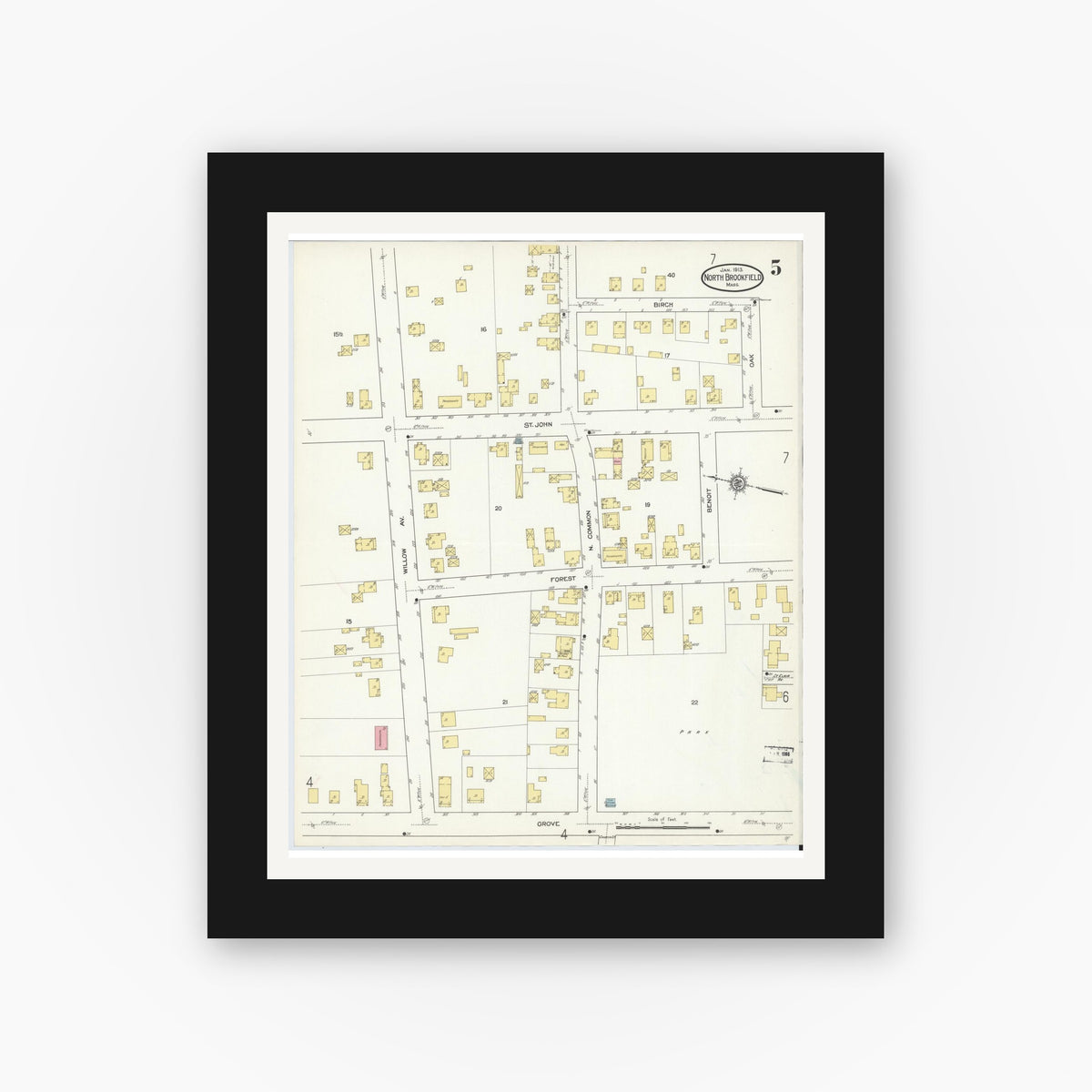 Old map wall art mockup — black gallery frame with white mat — Sanborn Fire Insurance Map from North Brookfield, Worcester County, Massachusetts (1913), Sheet #0005