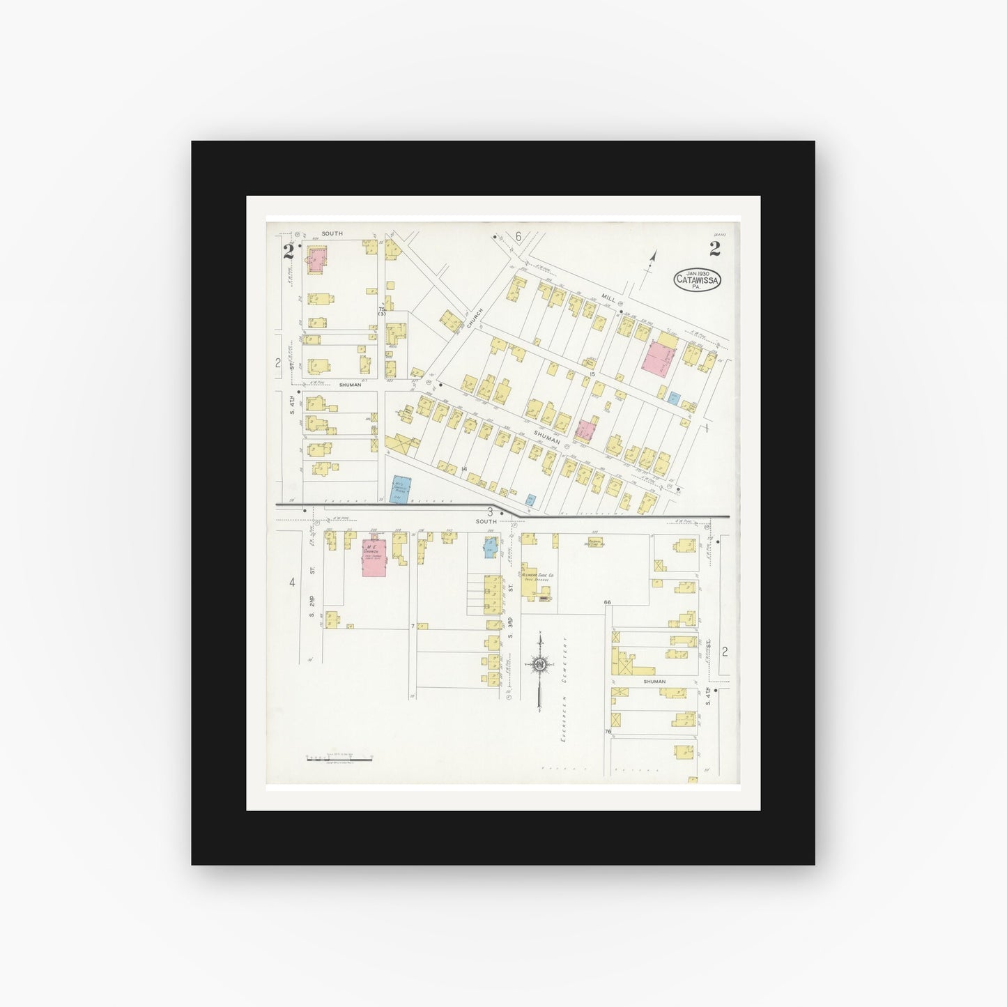 Old map wall art mockup — black gallery frame with white mat — Sanborn Fire Insurance Map from Catawissa, Columbia County, Pennsylvania (1930), Sheet #0002