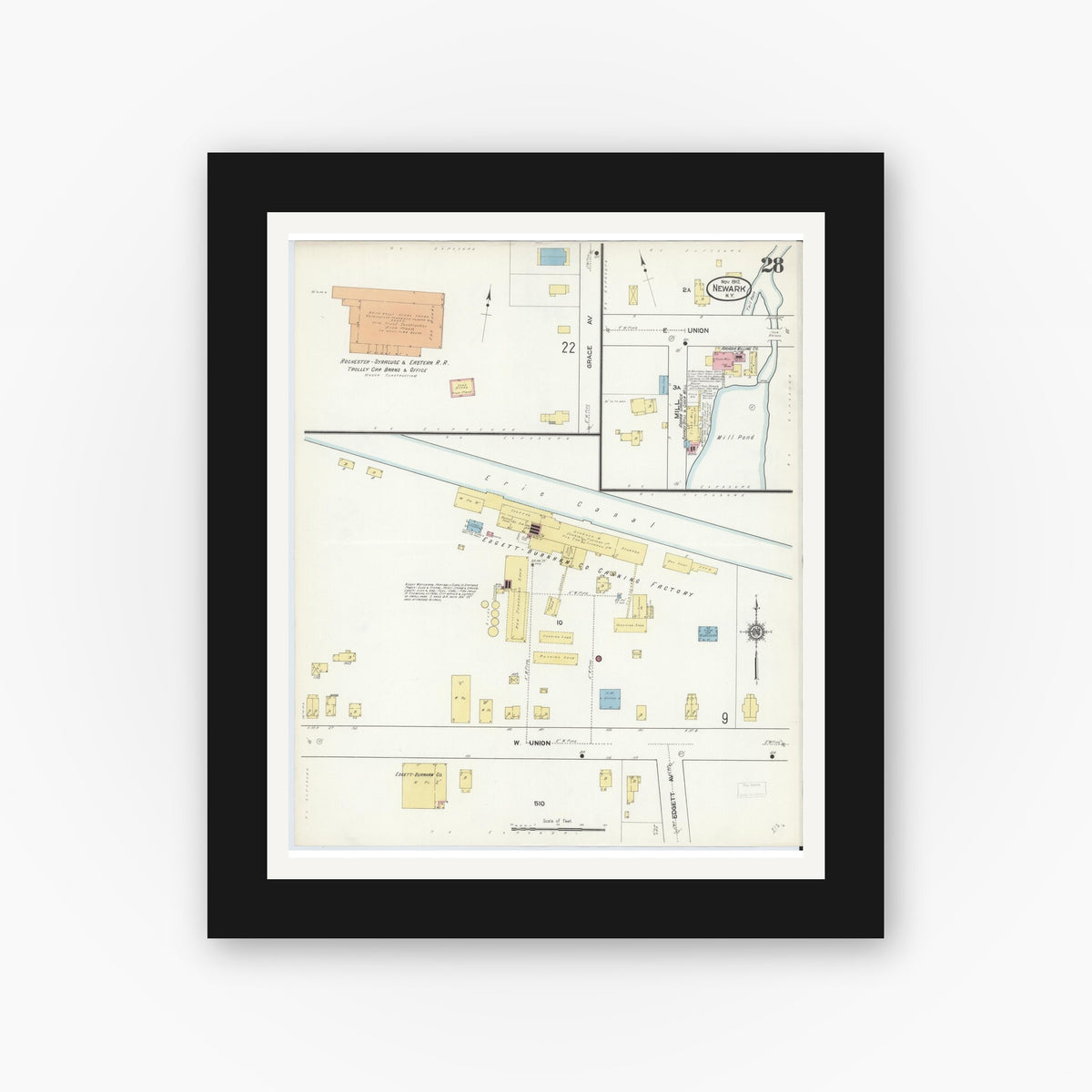 Old map wall art mockup — black gallery frame with white mat — Sanborn Fire Insurance Map from Newark, Wayne County, New York (1912), Sheet #0028