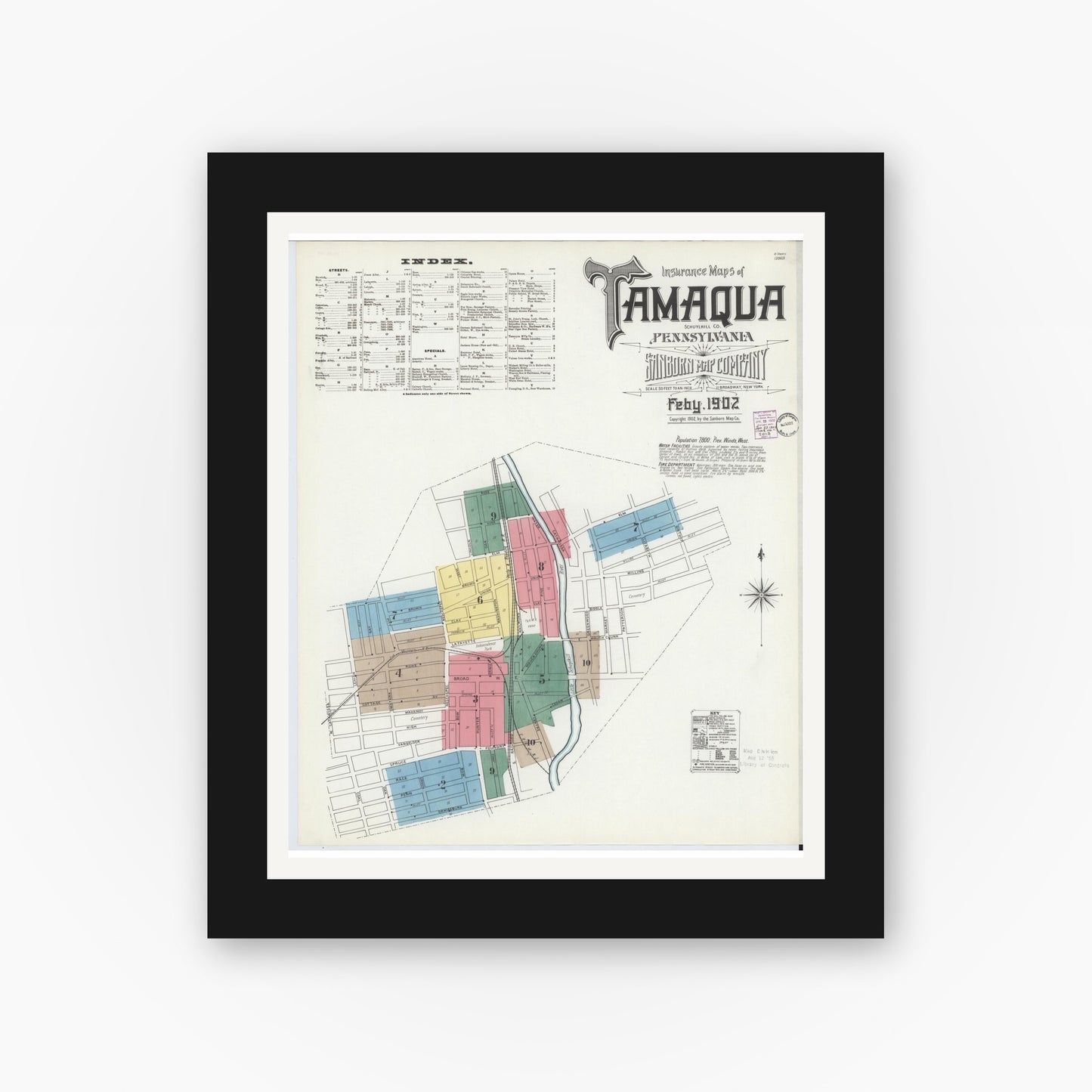 Old map wall art mockup — black gallery frame with white mat — Sanborn Fire Insurance Map from Tamaqua, Schuylkill County, Pennsylvania (1902) - Complete Map Set