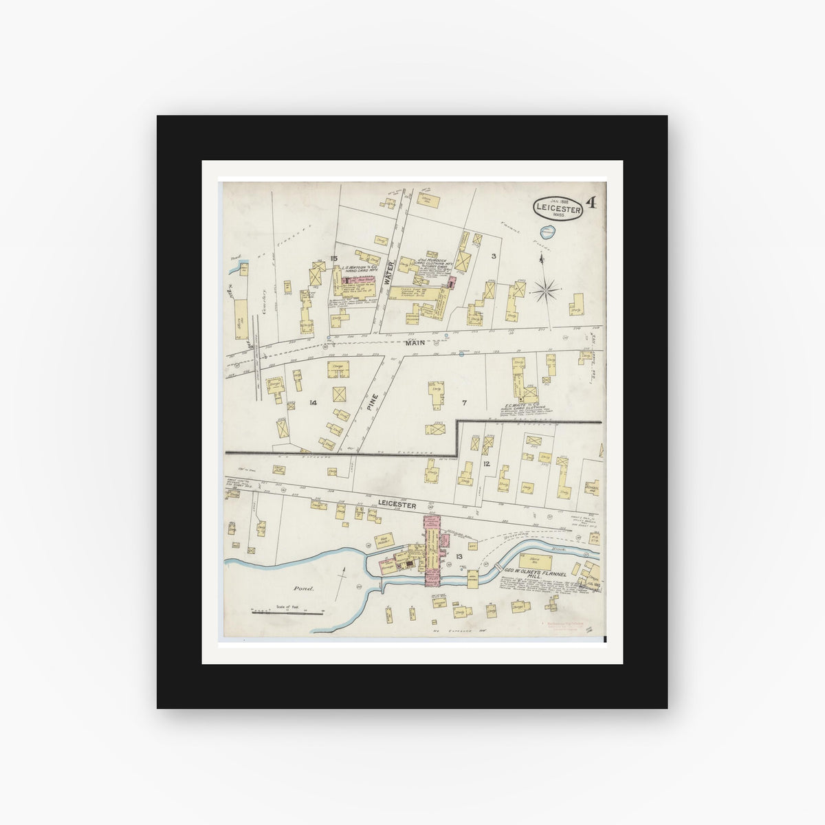 Old map wall art mockup — black gallery frame with white mat — Sanborn Fire Insurance Map from Leicester, Worcester County, Massachusetts (1888), Sheet #0004