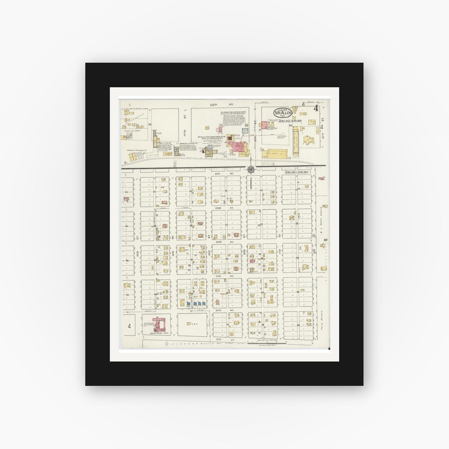 Old map wall art mockup — black gallery frame with white mat — Sanborn Fire Insurance Map from McAllen, Hidalgo County, Texas (1919), Sheet #0004