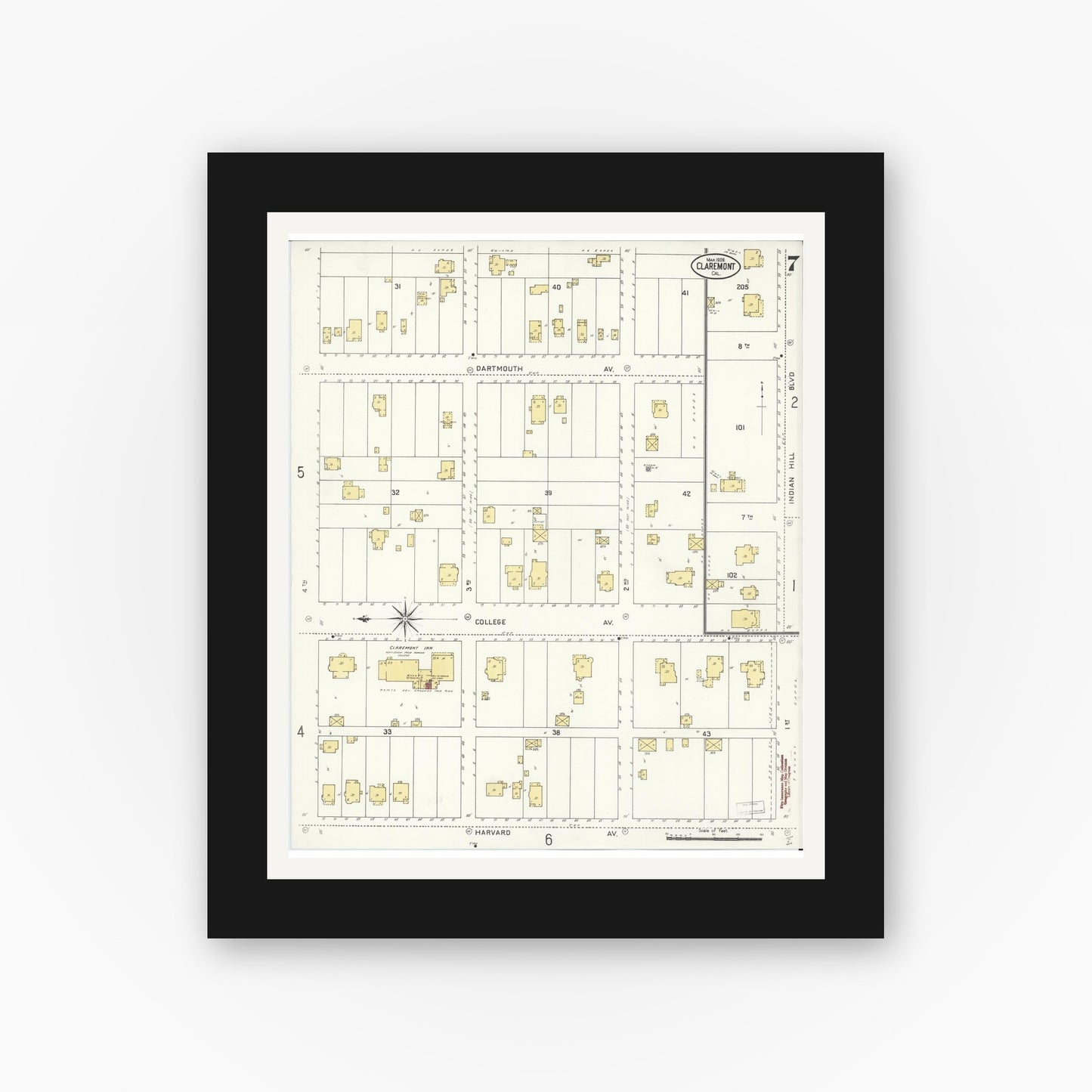 Old map wall art mockup — black gallery frame with white mat — Sanborn Fire Insurance Map from Claremont, Los Angeles County, California (1909), Sheet #0007