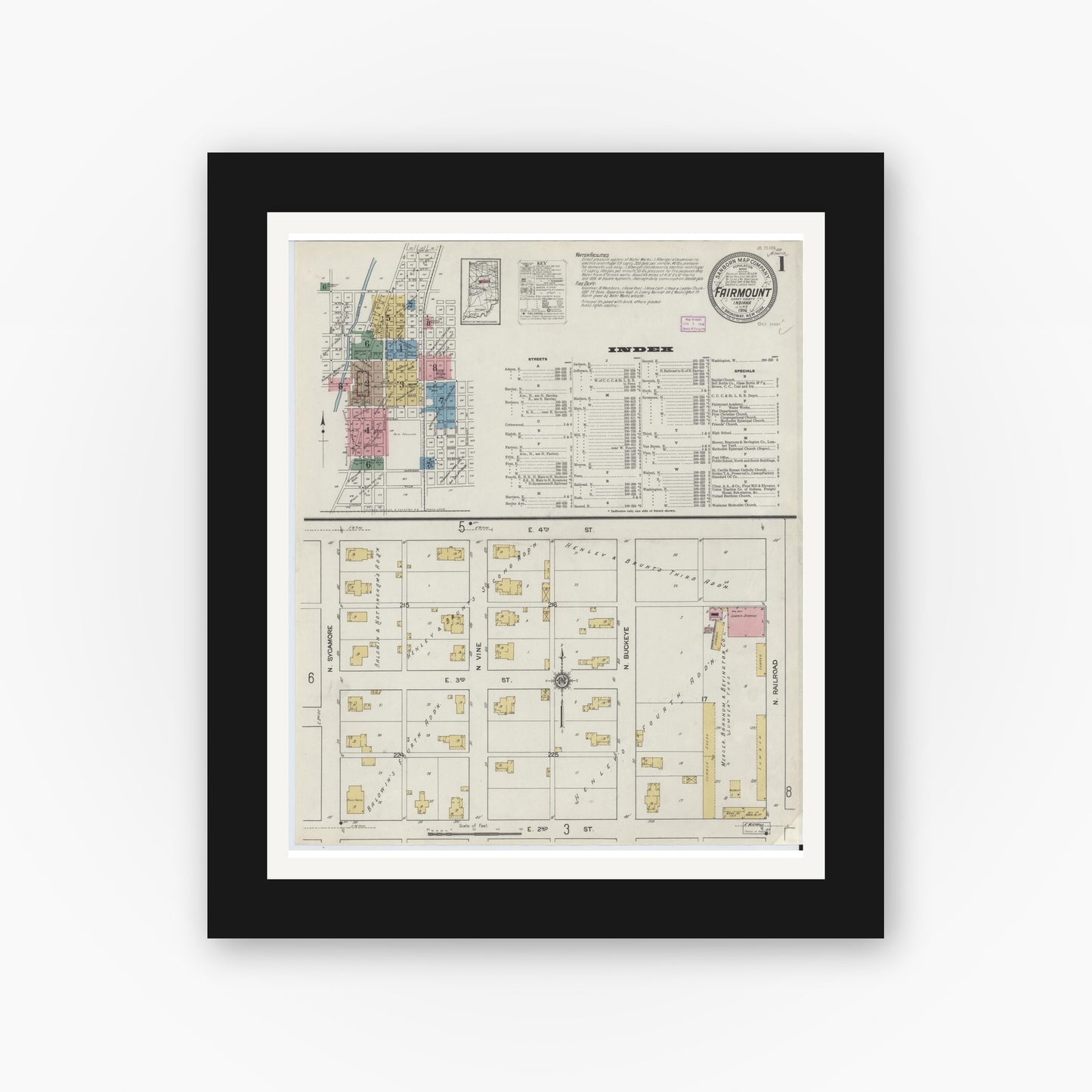 Old map wall art mockup — black gallery frame with white mat — Sanborn Fire Insurance Map from Fairmount, Grant County, Indiana (1916), Sheet #0001