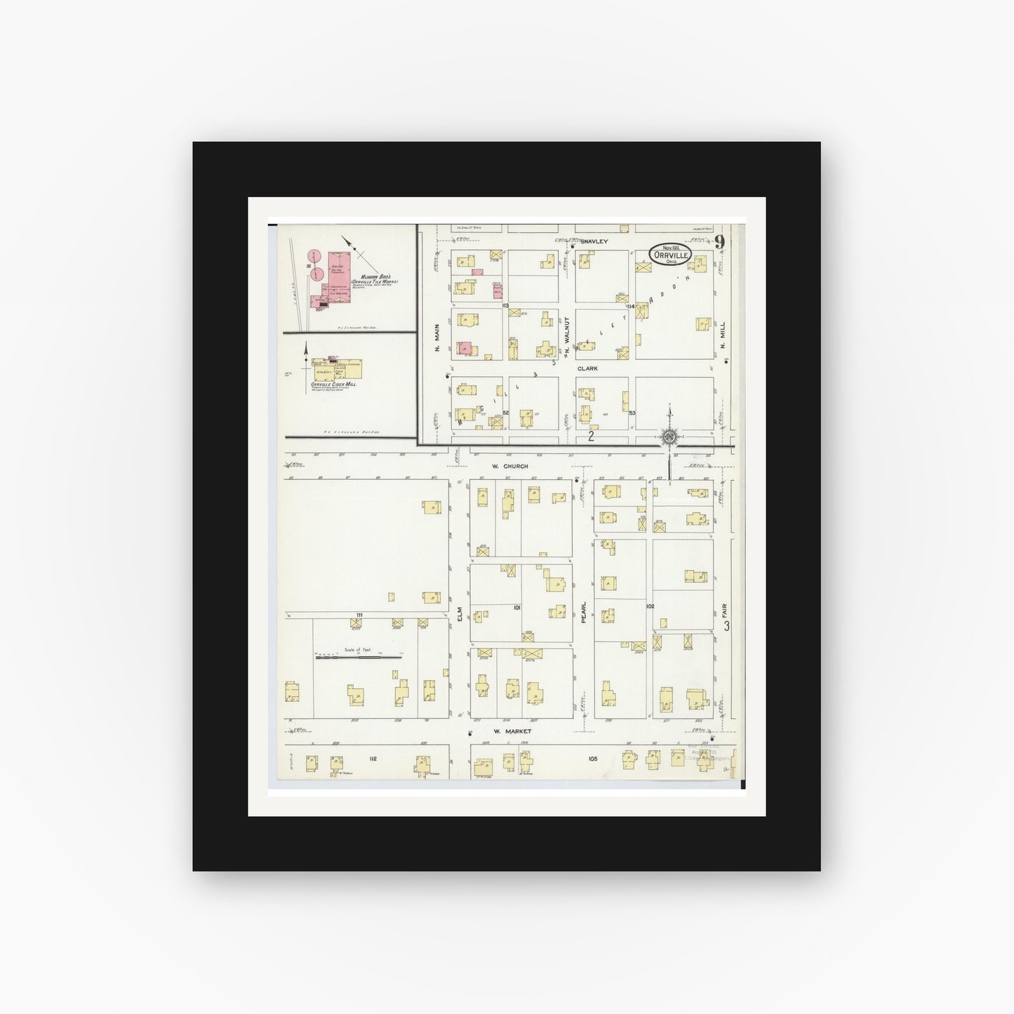 Old map wall art mockup — black gallery frame with white mat — Sanborn Fire Insurance Map from Orrville, Wayne County, Ohio (1911), Sheet #0009