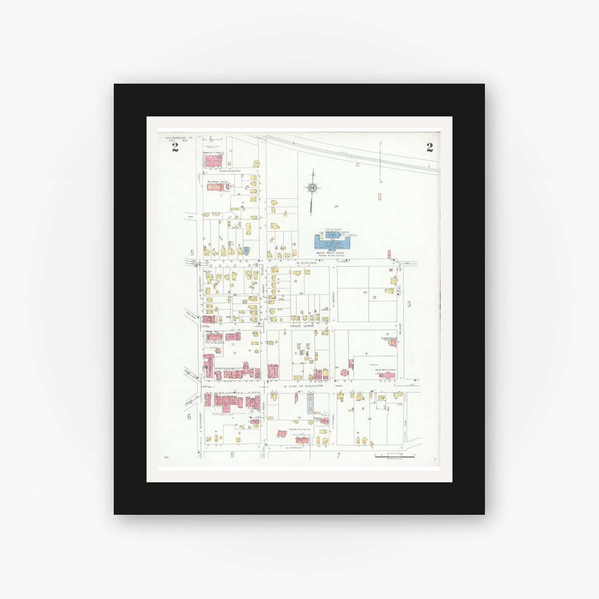 Old map wall art mockup — black gallery frame with white mat — Sanborn Fire Insurance Map from Williamsburg, Independent Cities, Virginia (1933), Sheet #0002