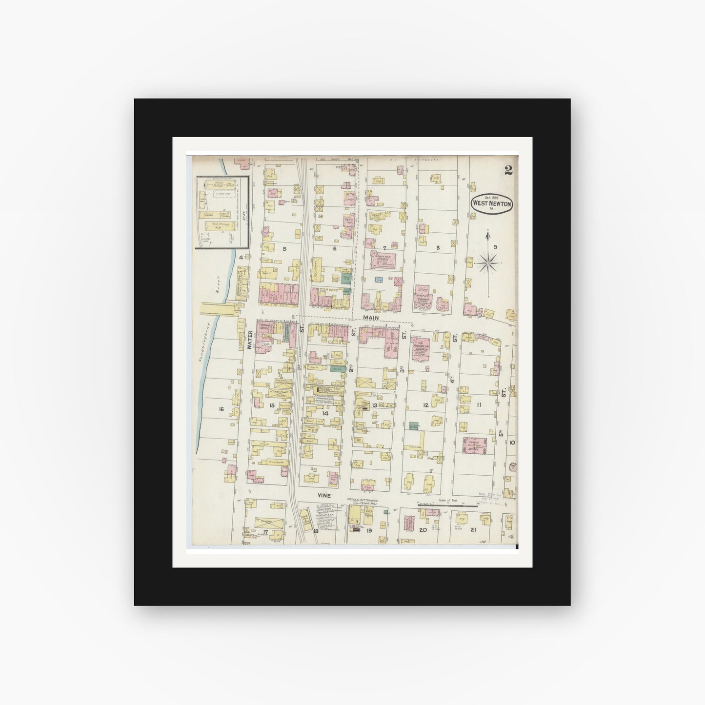 Old map wall art mockup — black gallery frame with white mat — Sanborn Fire Insurance Map from West Newton, Westmoreland County, Pennsylvania (1899), Sheet #0002