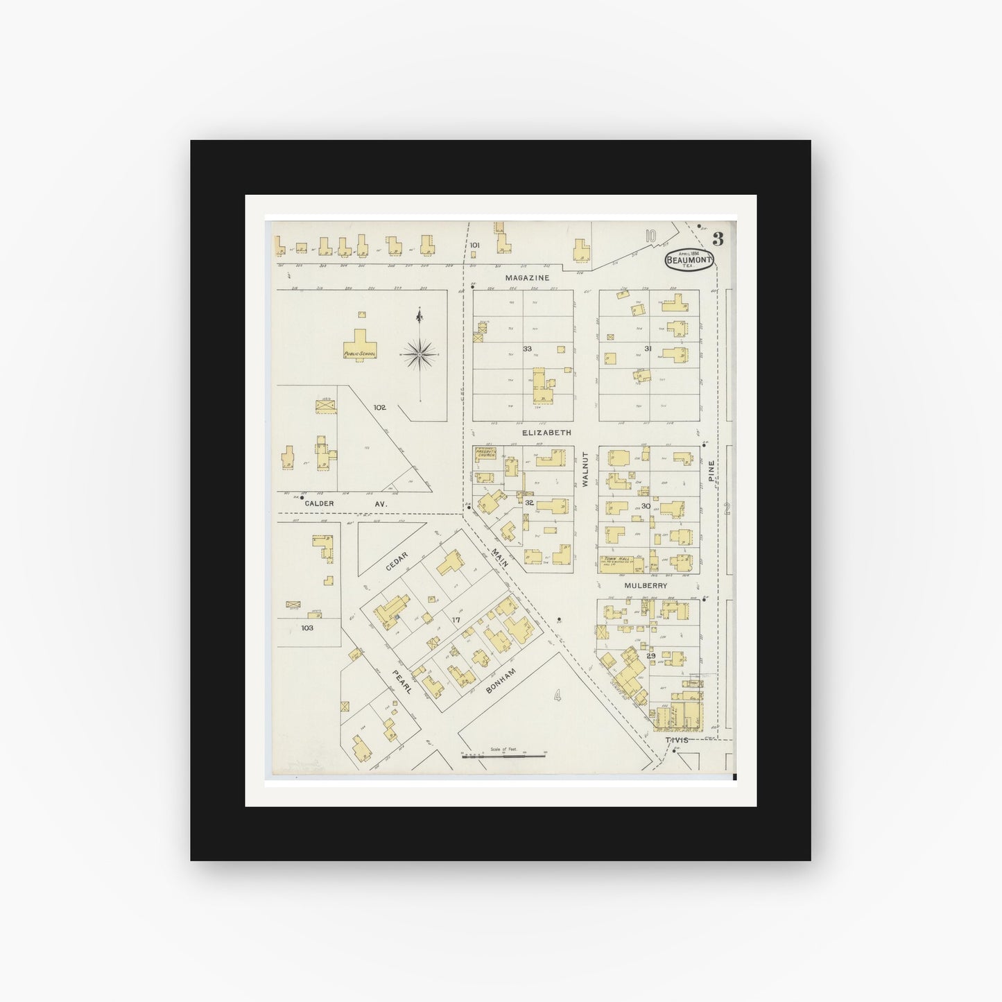Old map wall art mockup — black gallery frame with white mat — Sanborn Fire Insurance Map from Beaumont, Jefferson County, Texas (1894), Sheet #0003