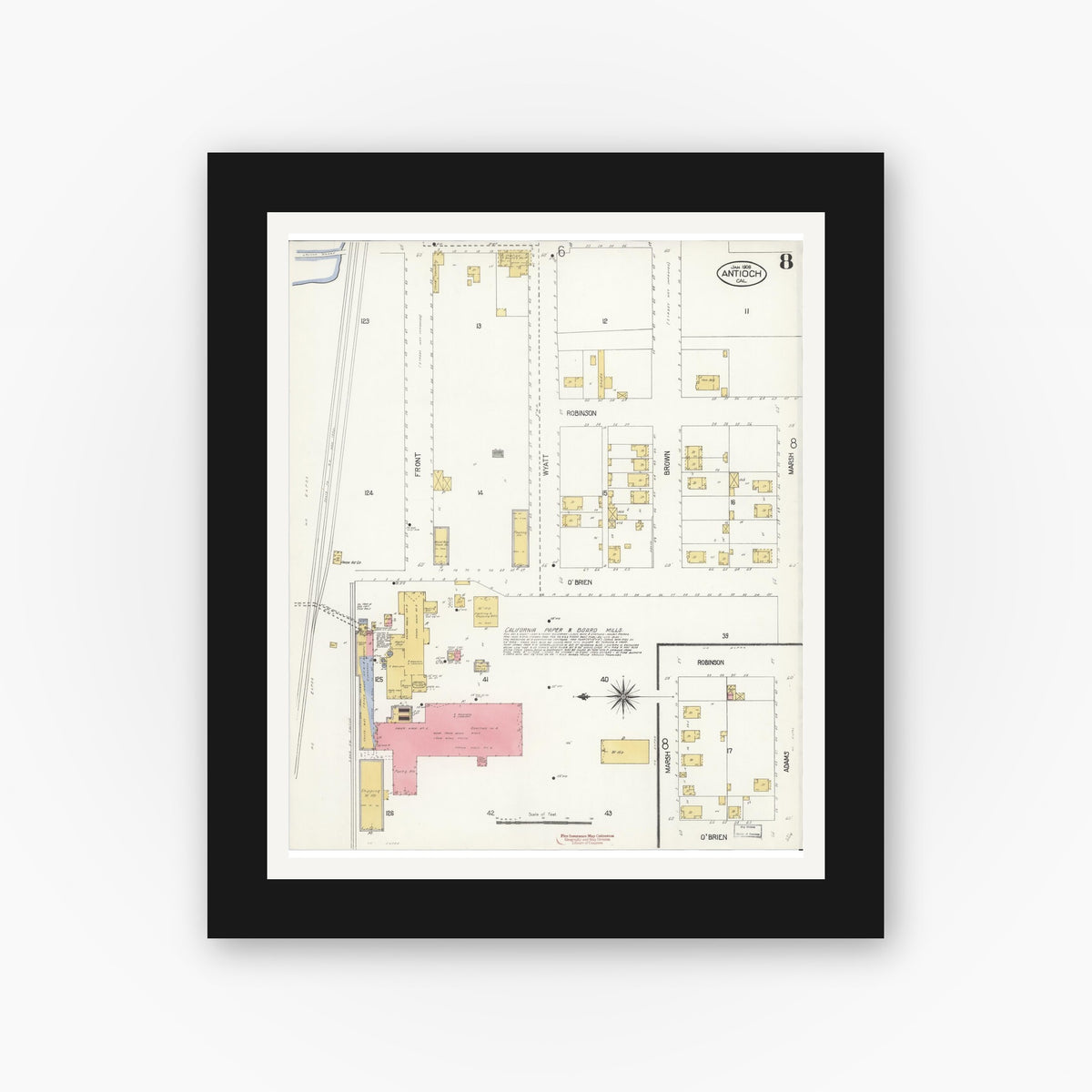 Old map wall art mockup β black gallery frame with white mat β Sanborn Fire Insurance Map from Antioch, Contra Costa County, California (1908), Sheet #0008