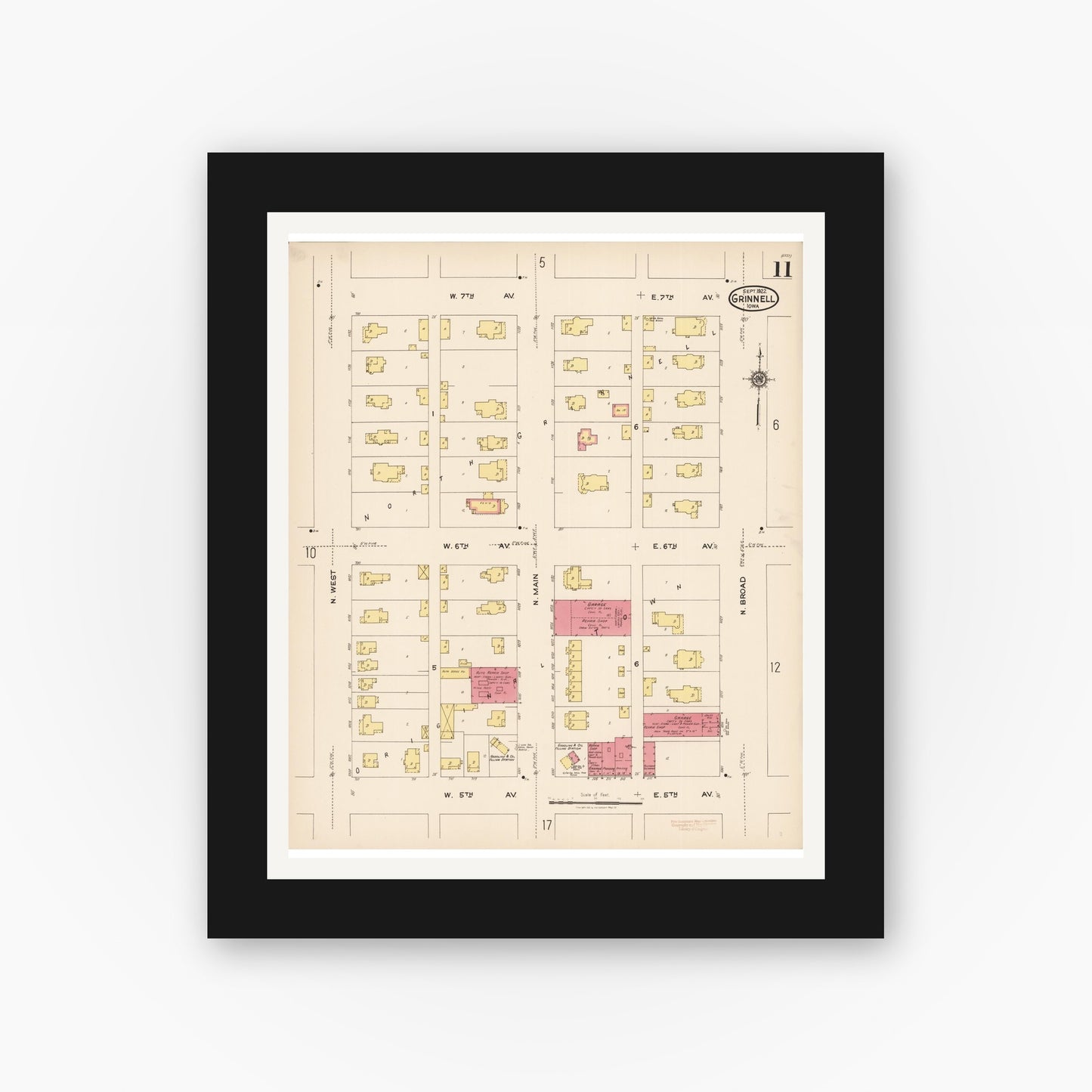Old map wall art mockup β black gallery frame with white mat β Sanborn Fire Insurance Map from Grinnell, Poweshiek County, Iowa (1922), Sheet #0011