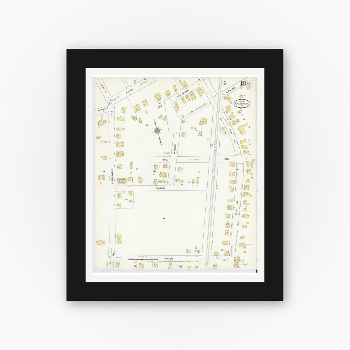 Old map wall art mockup — black gallery frame with white mat — Sanborn Fire Insurance Map from Greenville, Mercer County, Pennsylvania (1911), Sheet #0018