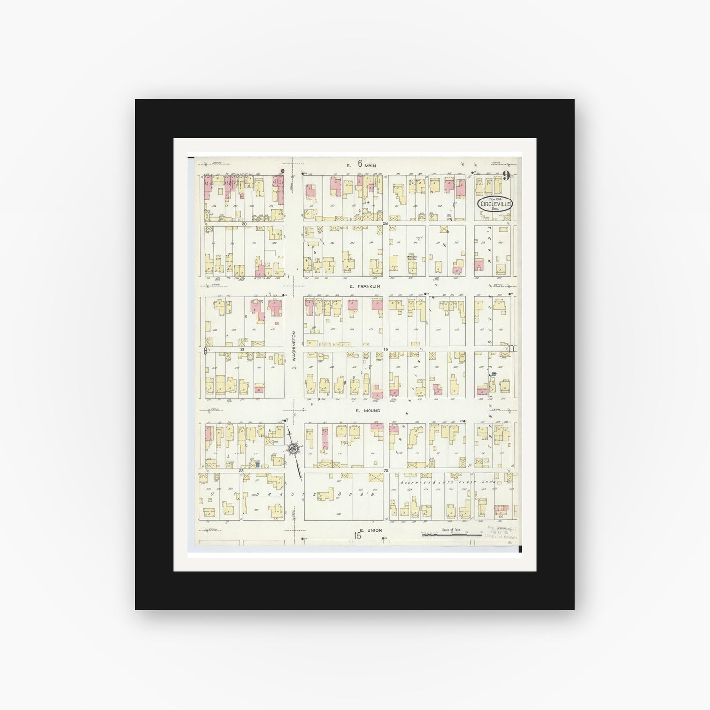 Old map wall art mockup — black gallery frame with white mat — Sanborn Fire Insurance Map from Circleville, Pickaway County, Ohio (1914), Sheet #0009