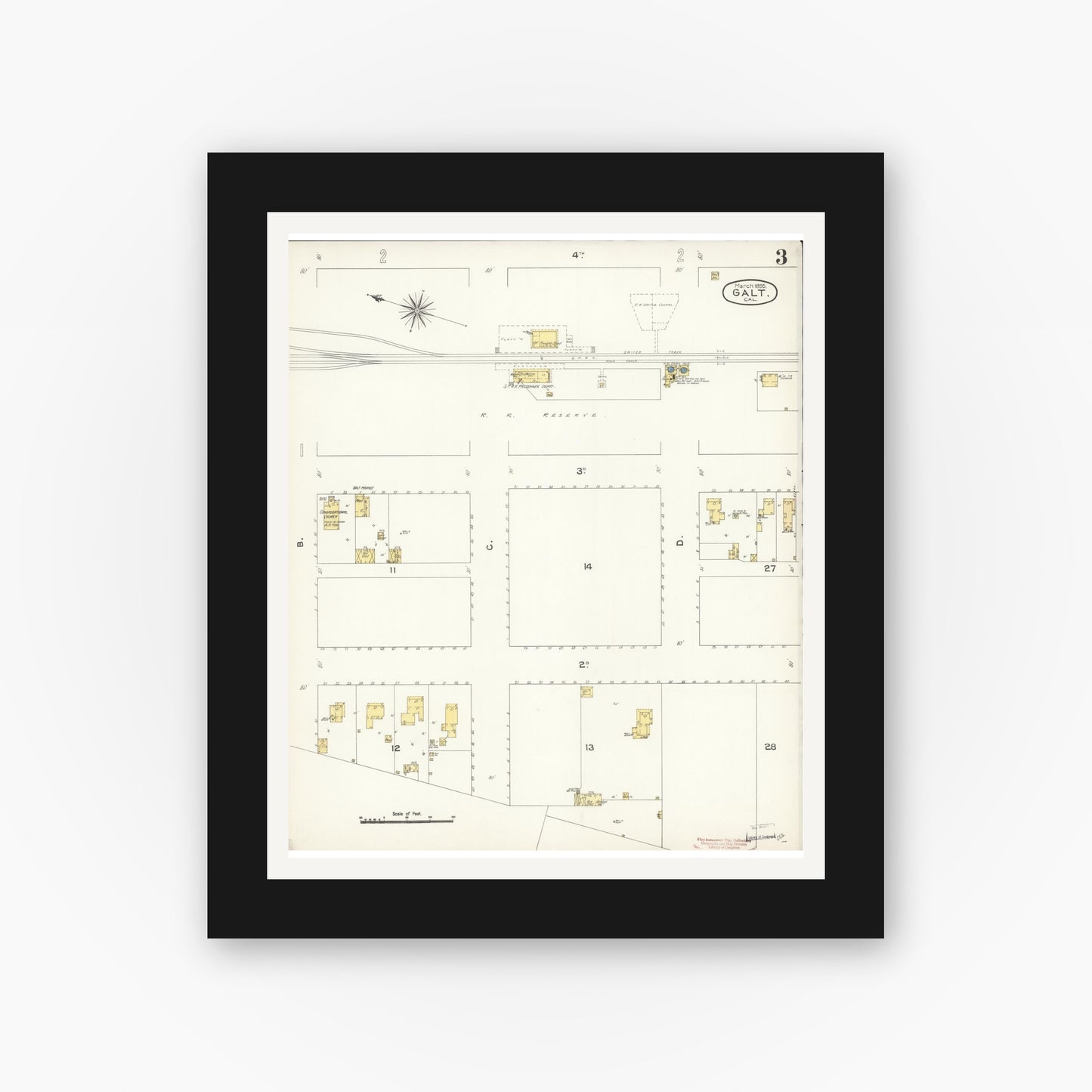 Old map wall art mockup — black gallery frame with white mat — Sanborn Fire Insurance Map from Galt, Sacramento County, California (1895), Sheet #0003