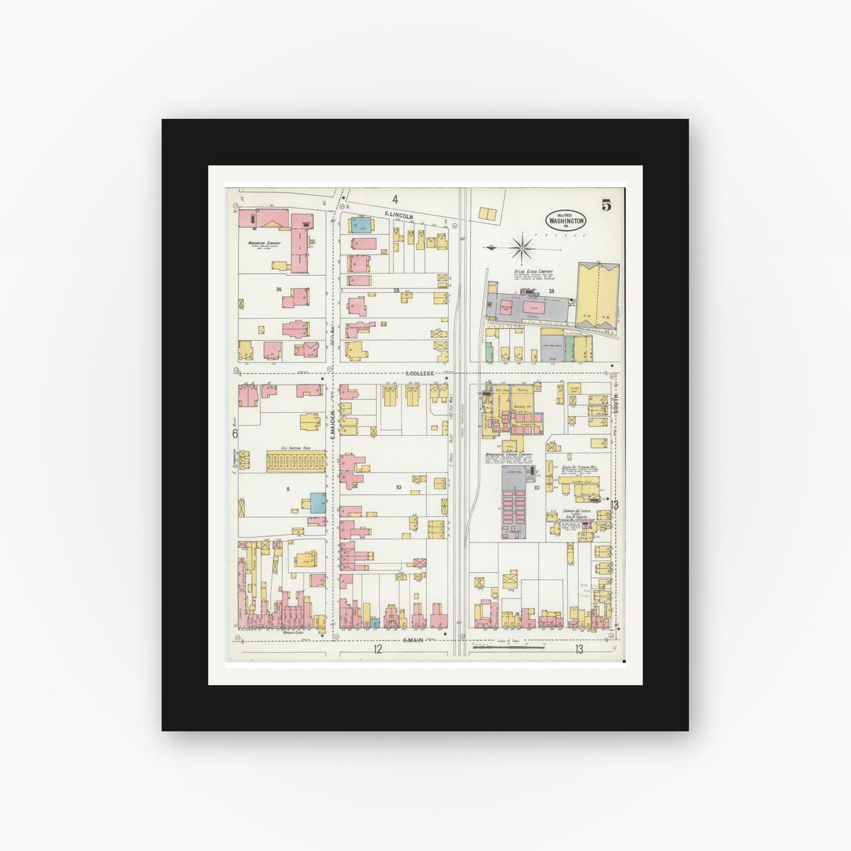 Old map wall art mockup — black gallery frame with white mat — Sanborn Fire Insurance Map from Washington, Washington County, Pennsylvania (1900), Sheet #0005