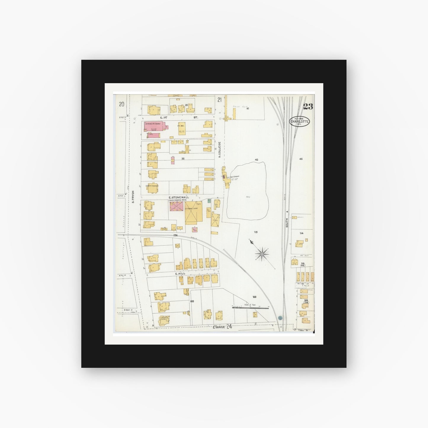 Old map wall art mockup — black gallery frame with white mat — Sanborn Fire Insurance Map from Charlotte, Mecklenburg County, North Carolina (1905), Sheet #0023