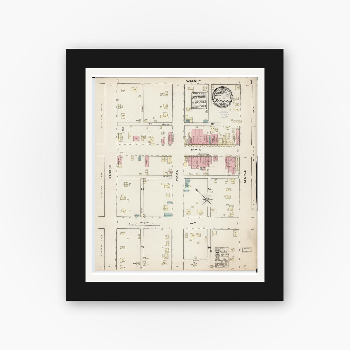 Old map wall art mockup — black gallery frame with white mat — Sanborn Fire Insurance Map from Slater, Saline County, Missouri (1883) - Complete Map Set