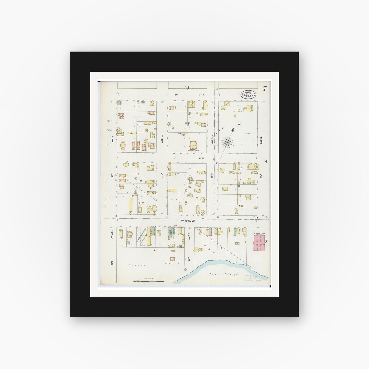 Old map wall art mockup — black gallery frame with white mat — Sanborn Fire Insurance Map from Saint Cloud, Stearns, Benton, and Sherburne Counties, Minnesota (1898), Sheet #0007