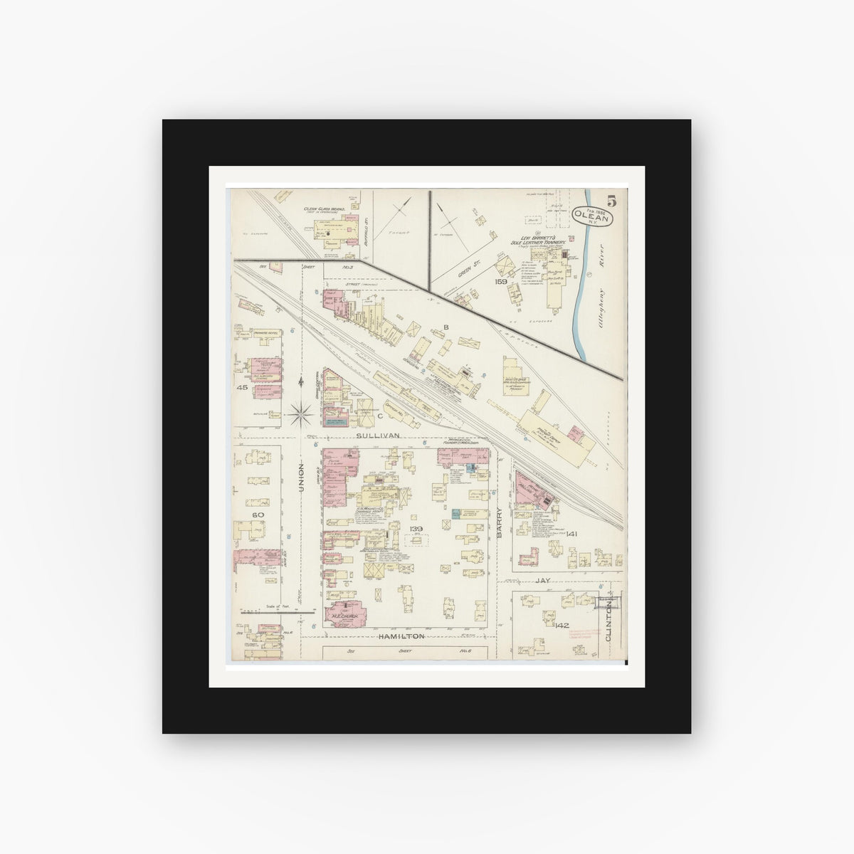 Old map wall art mockup — black gallery frame with white mat — Sanborn Fire Insurance Map from Olean, Cattaraugus County, New York (1886), Sheet #0005