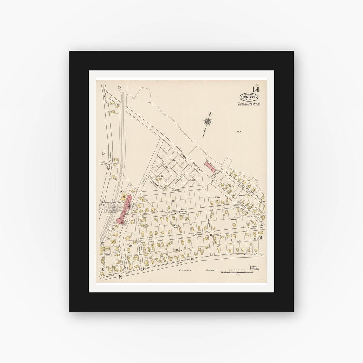 Old map wall art mockup — black gallery frame with white mat — Sanborn Fire Insurance Map from Leominster, Worcester County, Massachusetts (1922), Sheet #0014