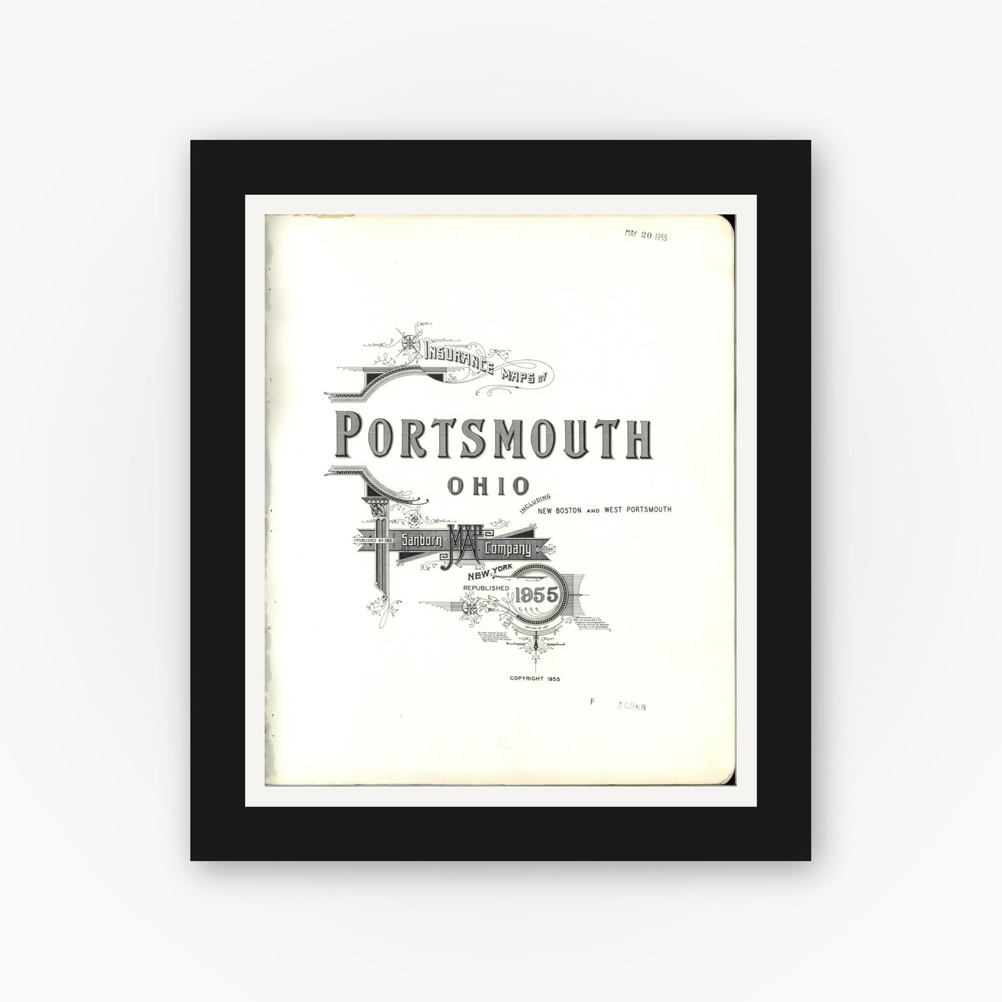 Old map wall art mockup — black gallery frame with white mat — Sanborn Fire Insurance Map from Portsmouth, Scioto County, Ohio (1955), Sheet #0001