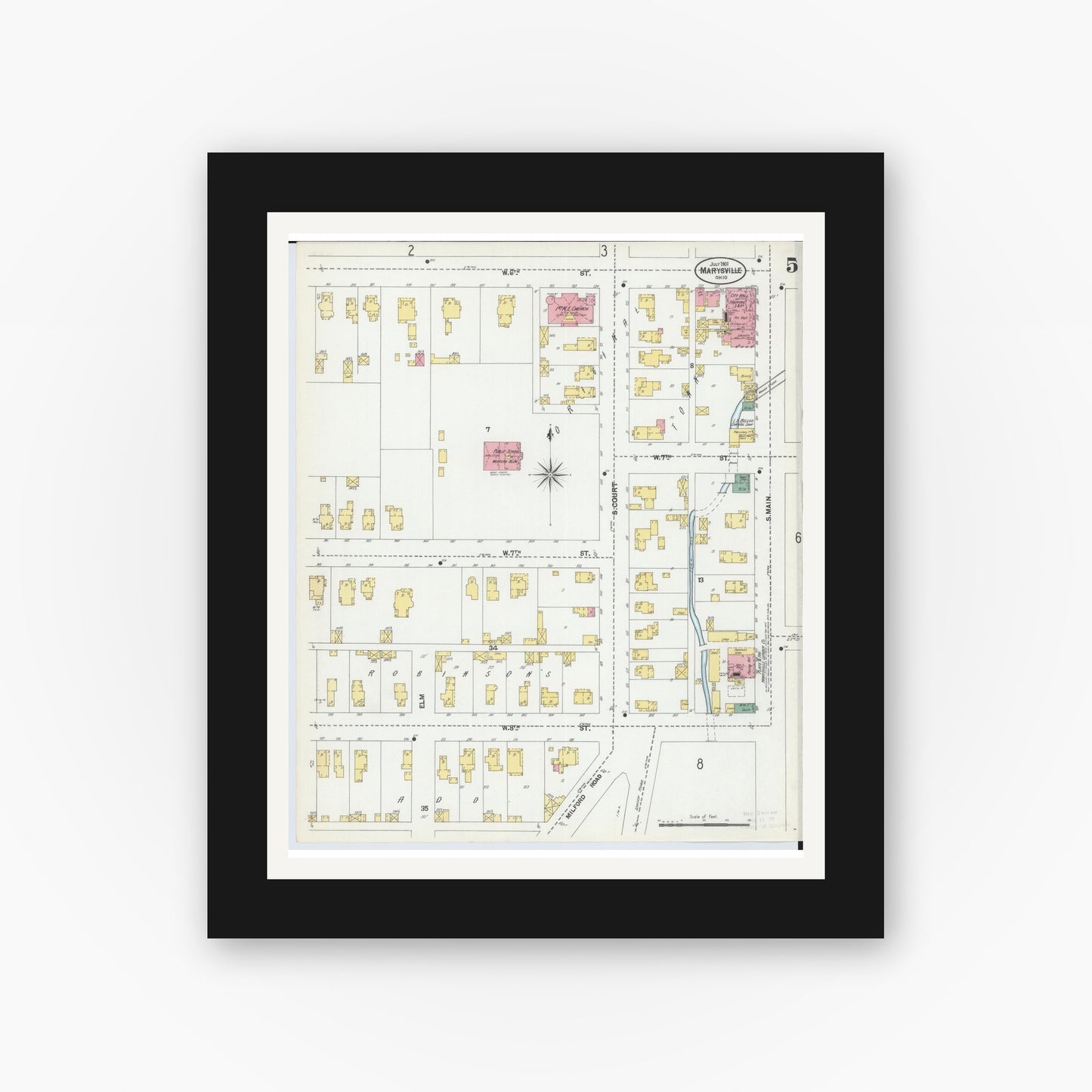 Old map wall art mockup — black gallery frame with white mat — Sanborn Fire Insurance Map from Marysville, Union County, Ohio (1901), Sheet #0005