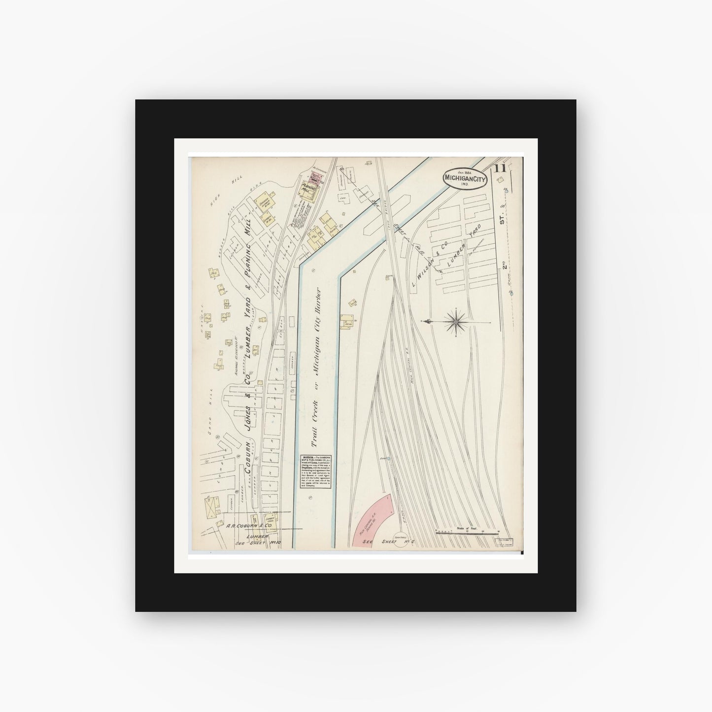 Old map wall art mockup — black gallery frame with white mat — Sanborn Fire Insurance Map from Michigan City, La Porte County, Indiana (1884), Sheet #0011