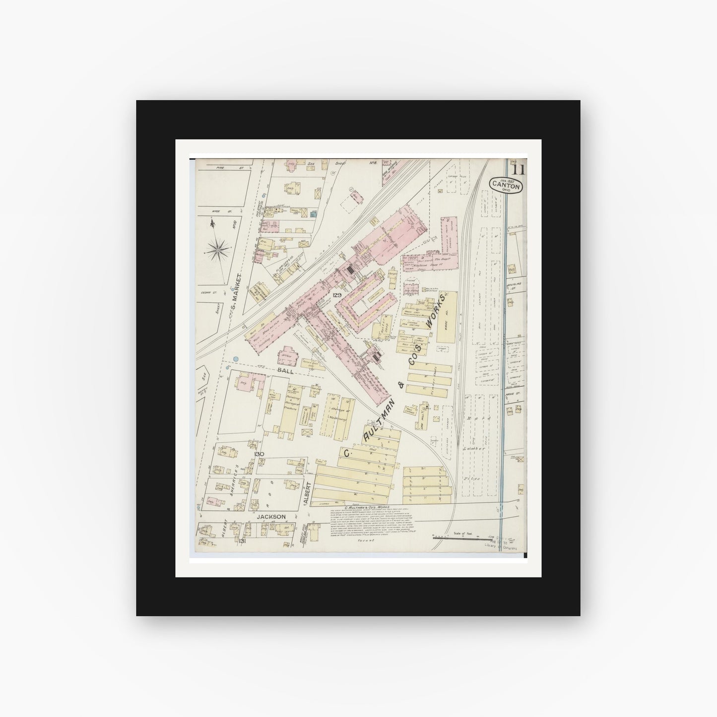 Old map wall art mockup — black gallery frame with white mat — Sanborn Fire Insurance Map from Canton, Stark County, Ohio (1887), Sheet #0011