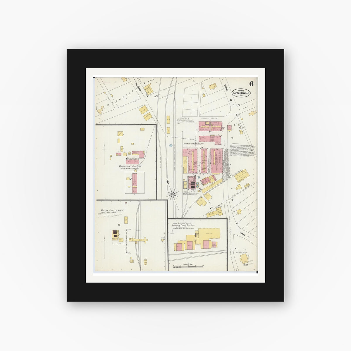 Old map wall art mockup — black gallery frame with white mat — Sanborn Fire Insurance Map from Edwardsville, Madison County, Illinois (1902), Sheet #0006