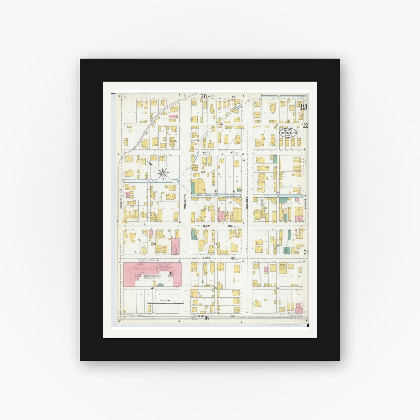 Old map wall art mockup — black gallery frame with white mat — Sanborn Fire Insurance Map from Ironton, Lawrence County, Ohio (1904), Sheet #0019