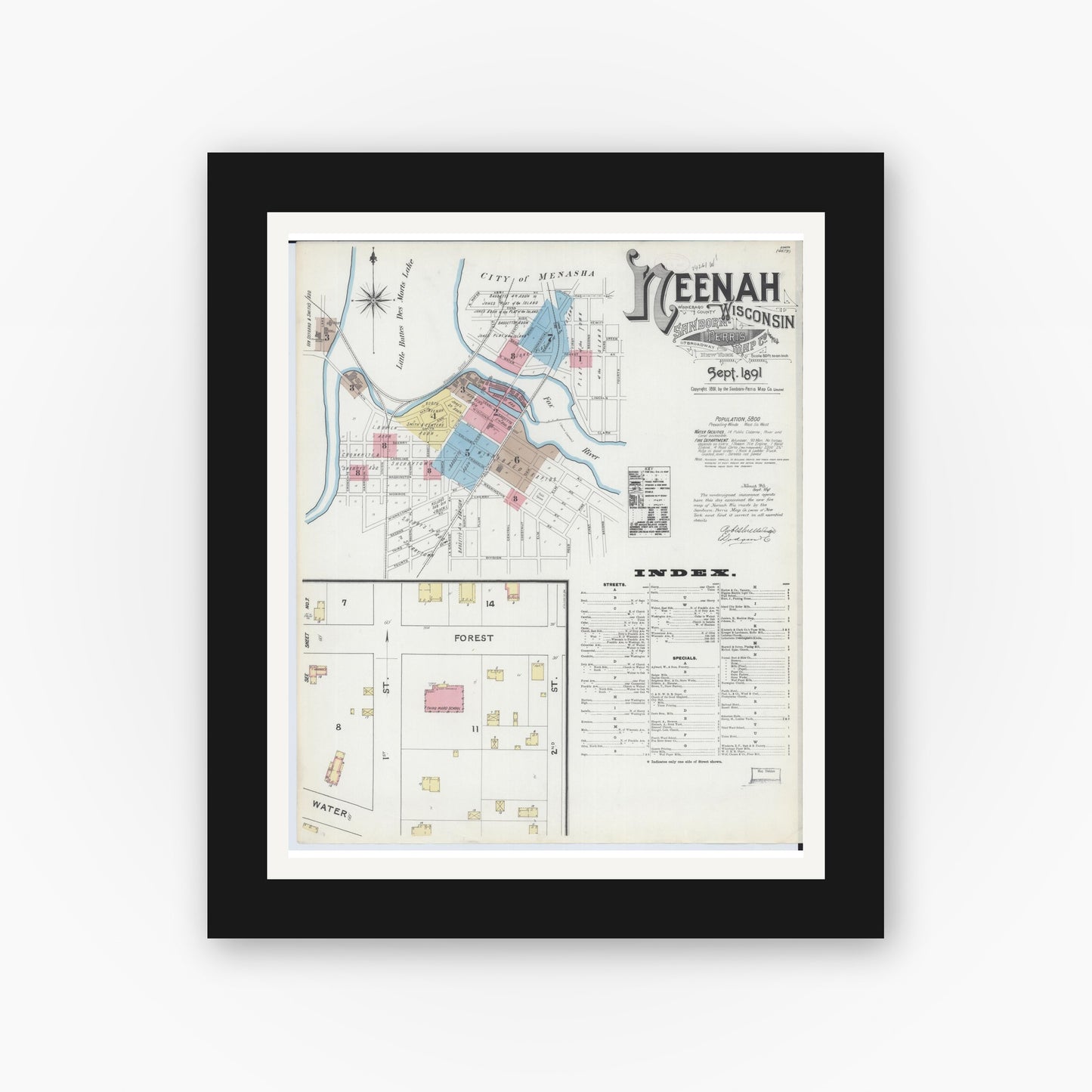 Old map wall art mockup — black gallery frame with white mat — Sanborn Fire Insurance Map from Neenah, Winnebago County, Wisconsin (1891) - Complete Map Set