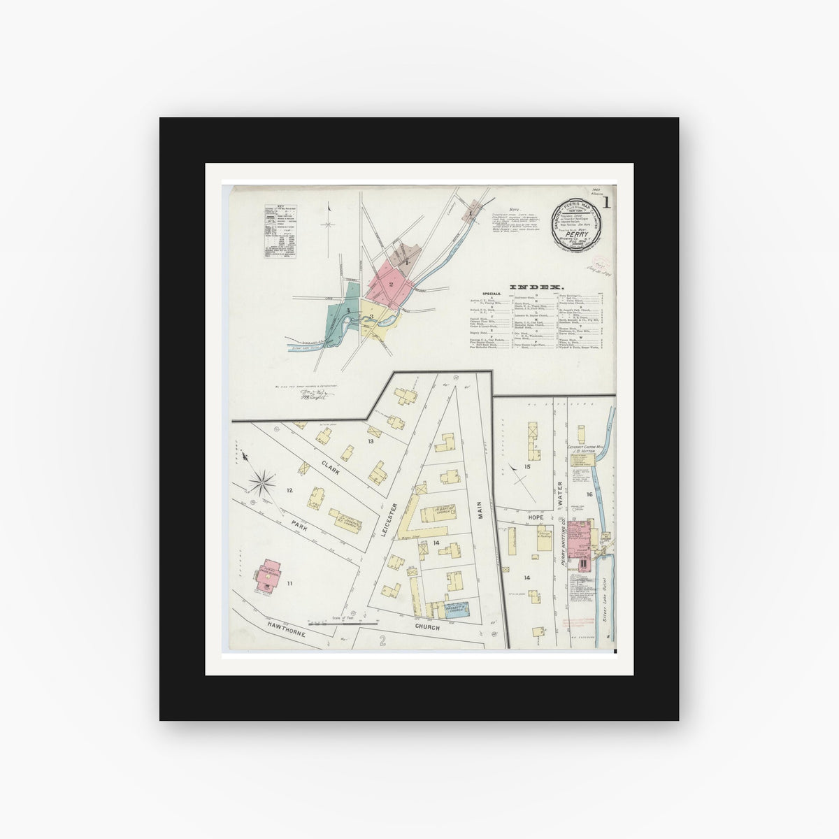 Old map wall art mockup — black gallery frame with white mat — Sanborn Fire Insurance Map from Perry, Wyoming County, New York (1894), Sheet #0001