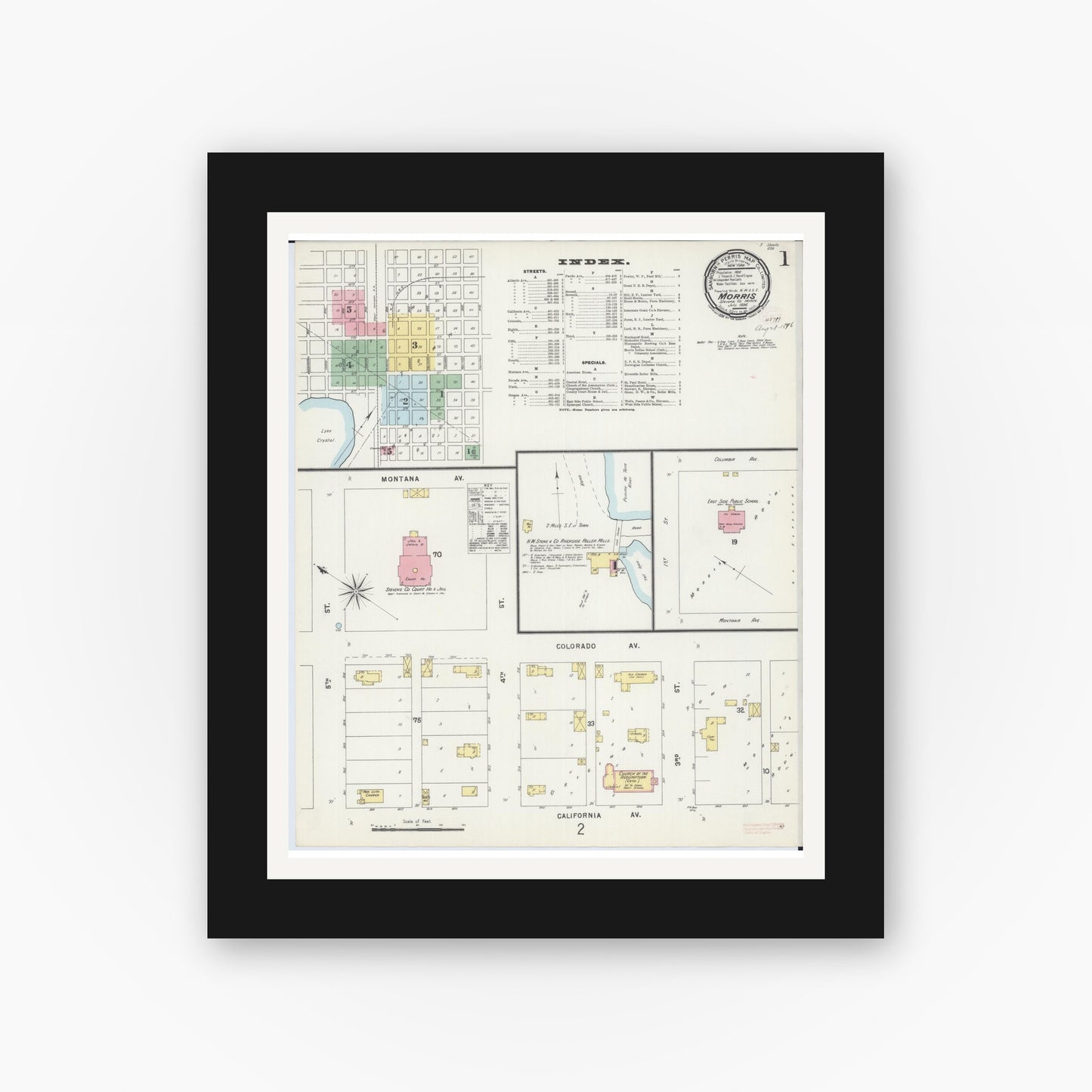 Old map wall art mockup — black gallery frame with white mat — Sanborn Fire Insurance Map from Morris, Stevens County, Minnesota (1896), Sheet #0001