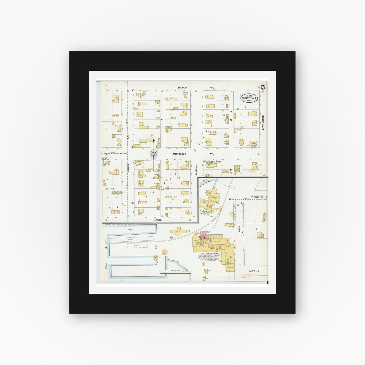Old map wall art mockup — black gallery frame with white mat — Sanborn Fire Insurance Map from Whitehall, Muskegon County, Michigan (1902), Sheet #0005
