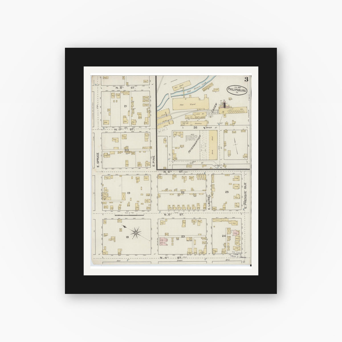 Old map wall art mockup — black gallery frame with white mat — Sanborn Fire Insurance Map from Philipsburg, Centre County, Pennsylvania (1887), Sheet #0003