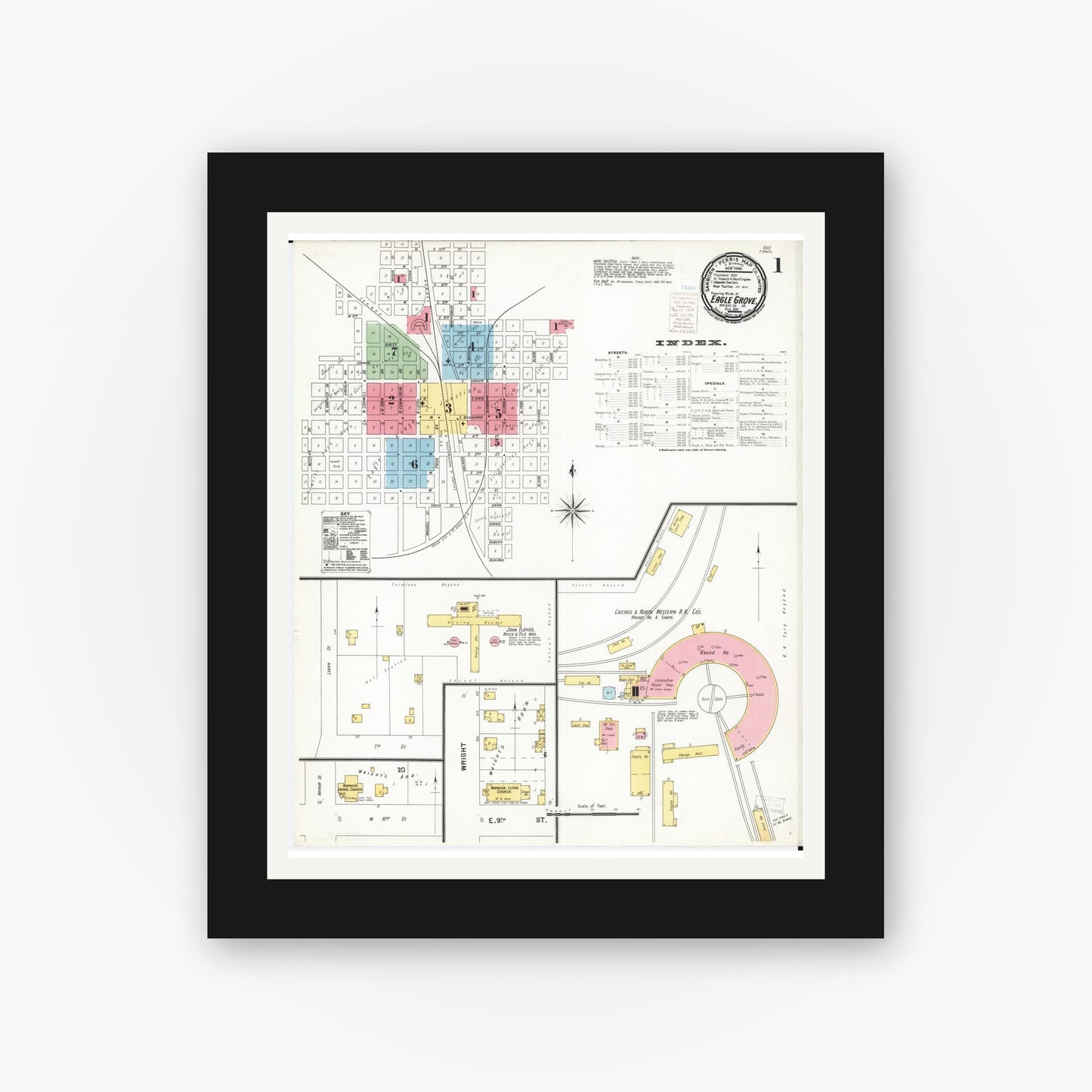Old map wall art mockup — black gallery frame with white mat — Sanborn Fire Insurance Map from Eagle Grove, Wright County, Iowa (1900) — Complete Set