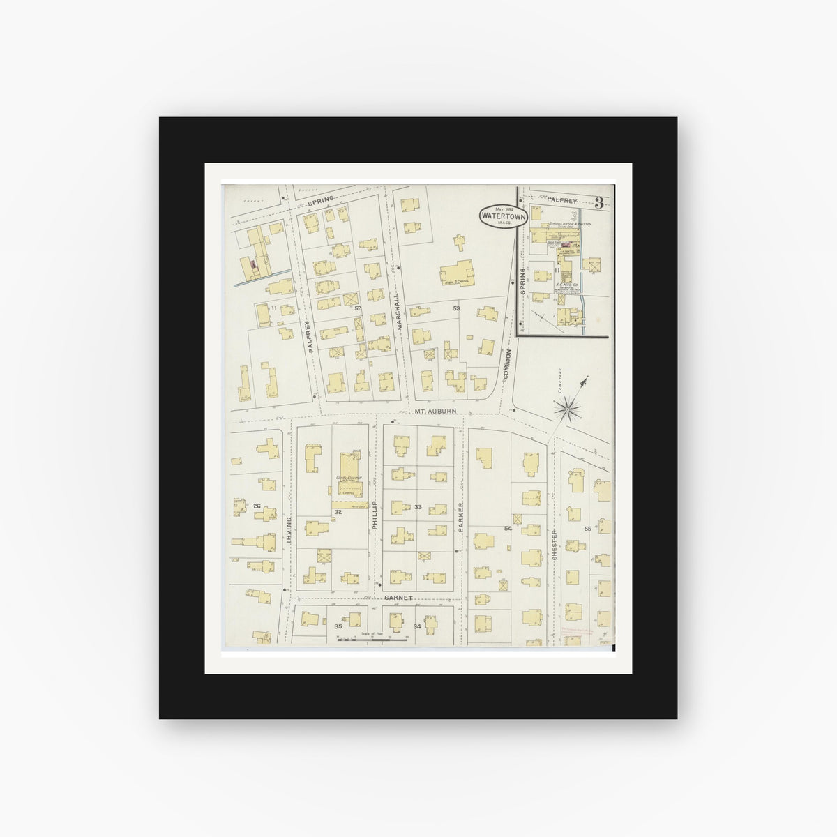Old map wall art mockup — black gallery frame with white mat — Sanborn Fire Insurance Map from Watertown, Middlesex County, Massachusetts (1894), Sheet #0003