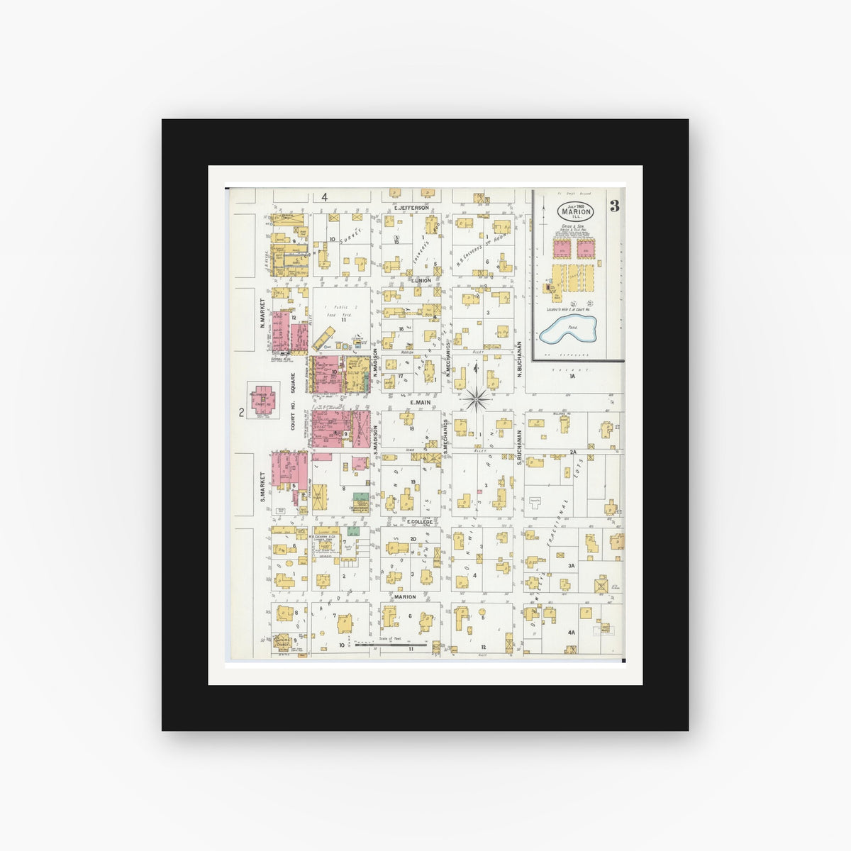 Old map wall art mockup — black gallery frame with white mat — Sanborn Fire Insurance Map from Marion, Williamson County, Illinois (1900), Sheet #0005