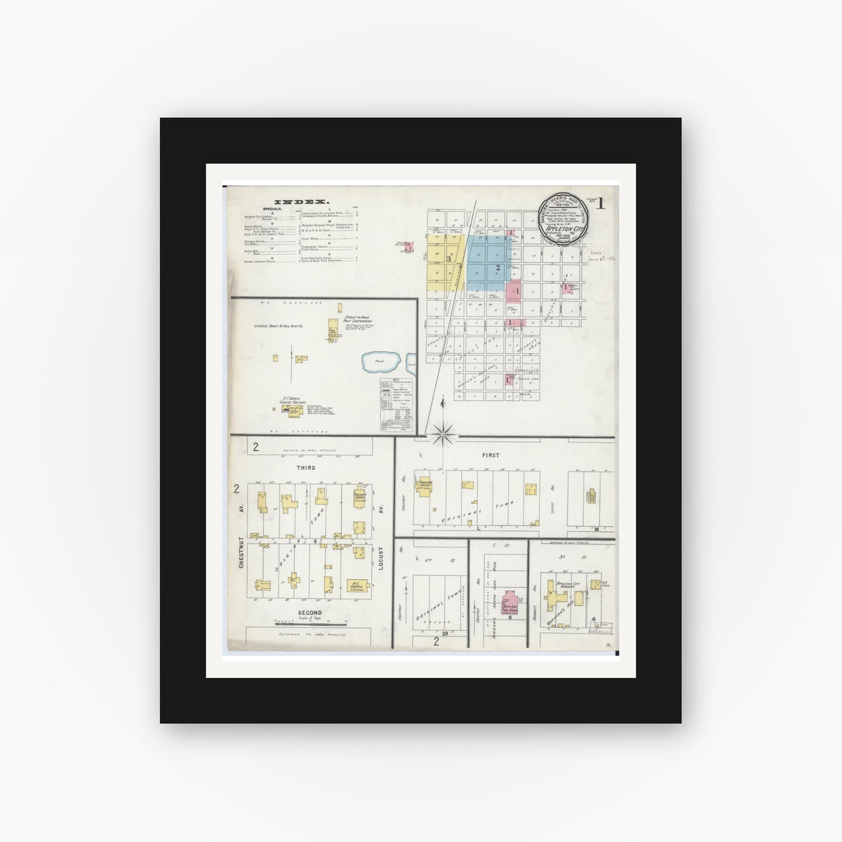 Old map wall art mockup — black gallery frame with white mat — Sanborn Fire Insurance Map from Appleton City, Saint Clair County, Missouri (1896) - Complete Map Set