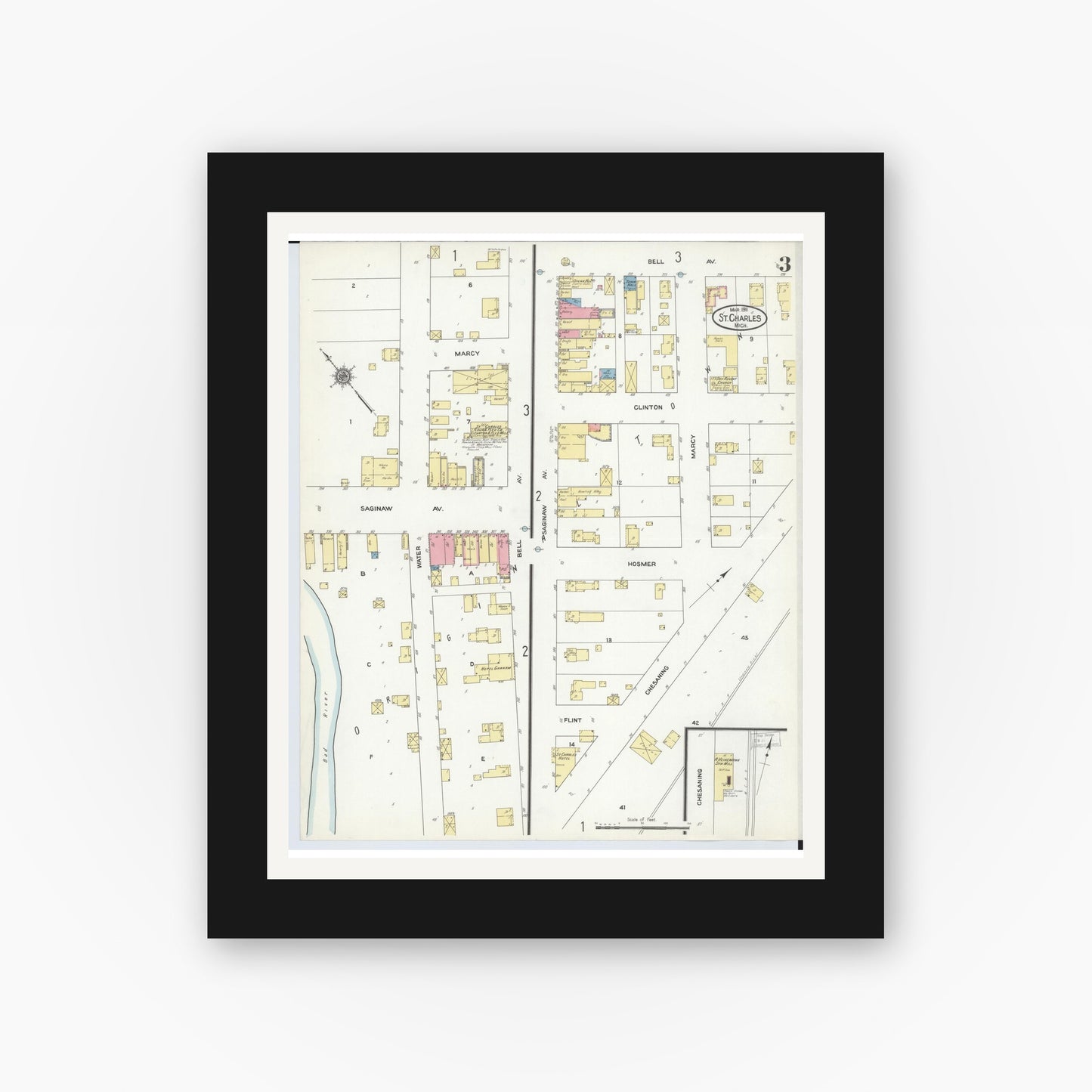 Old map wall art mockup — black gallery frame with white mat — Sanborn Fire Insurance Map from Saint Charles, Saginaw County, Michigan (1911), Sheet #0003