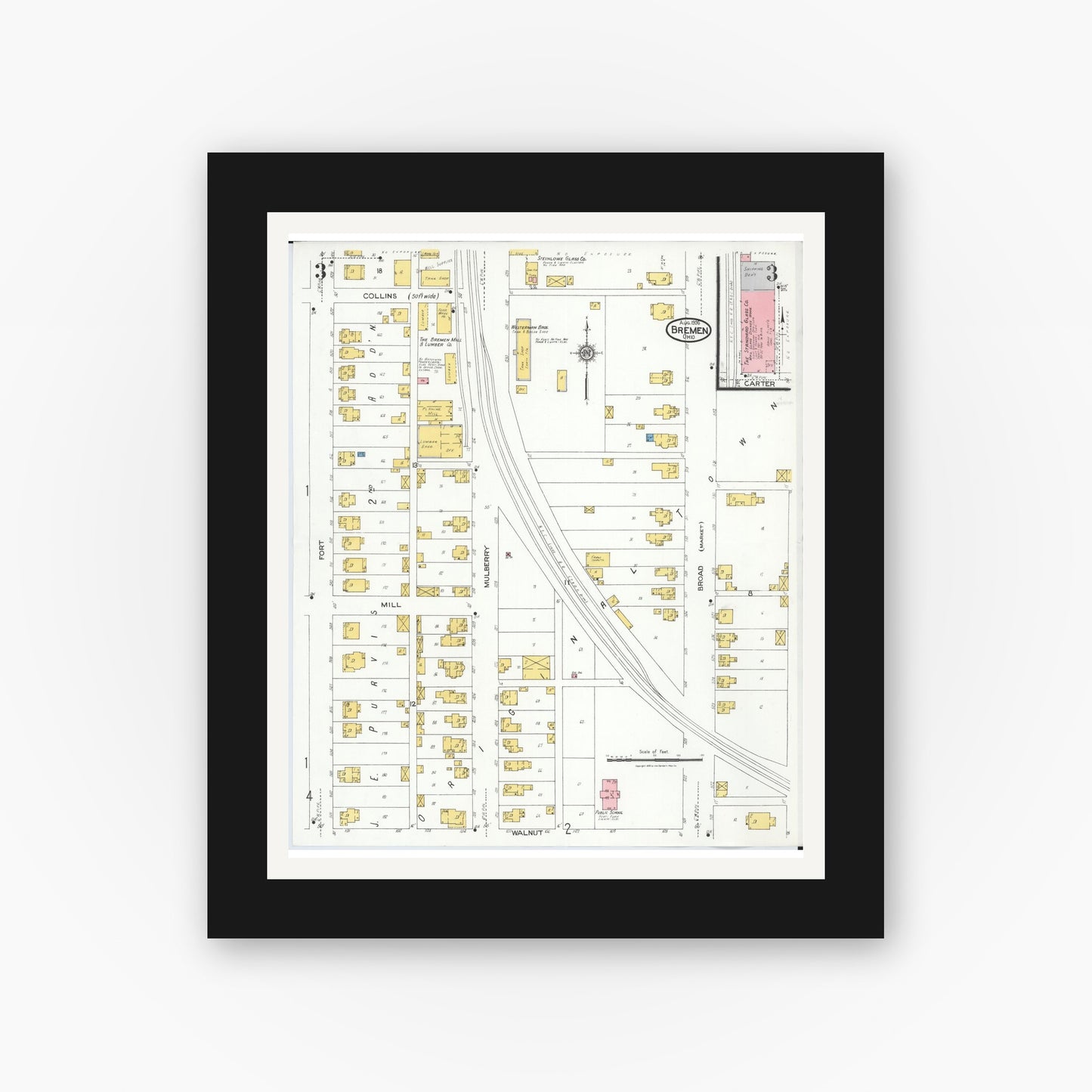 Old map wall art mockup — black gallery frame with white mat — Sanborn Fire Insurance Map from Bremen, Fairfield County, Ohio (1926), Sheet #0003