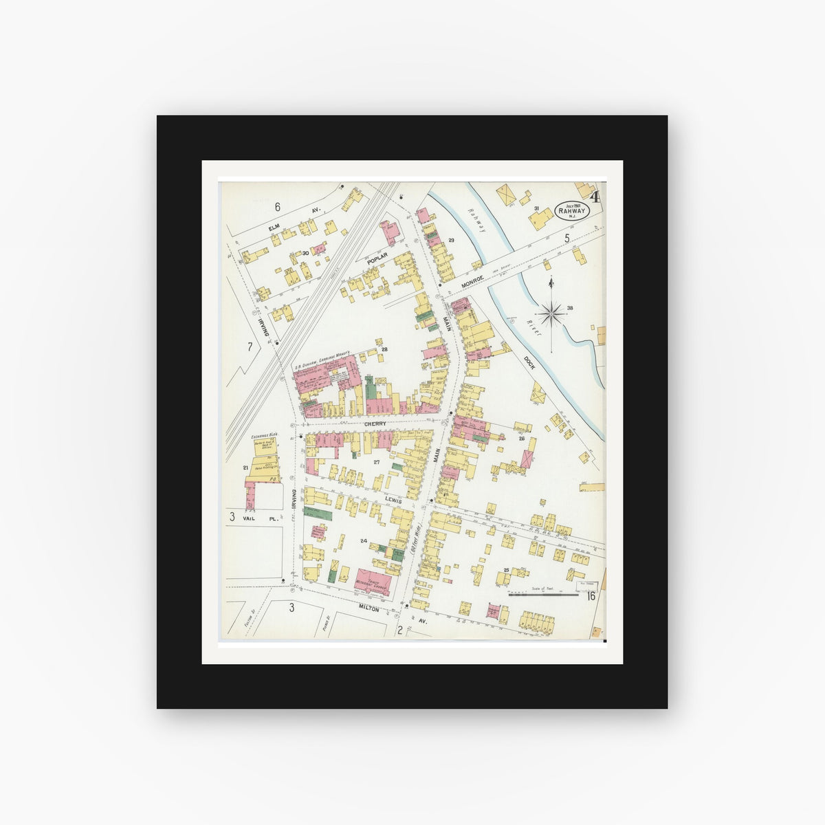 Old map wall art mockup — black gallery frame with white mat — Sanborn Fire Insurance Map from Rahway, Union County, New Jersey (1901), Sheet #0004