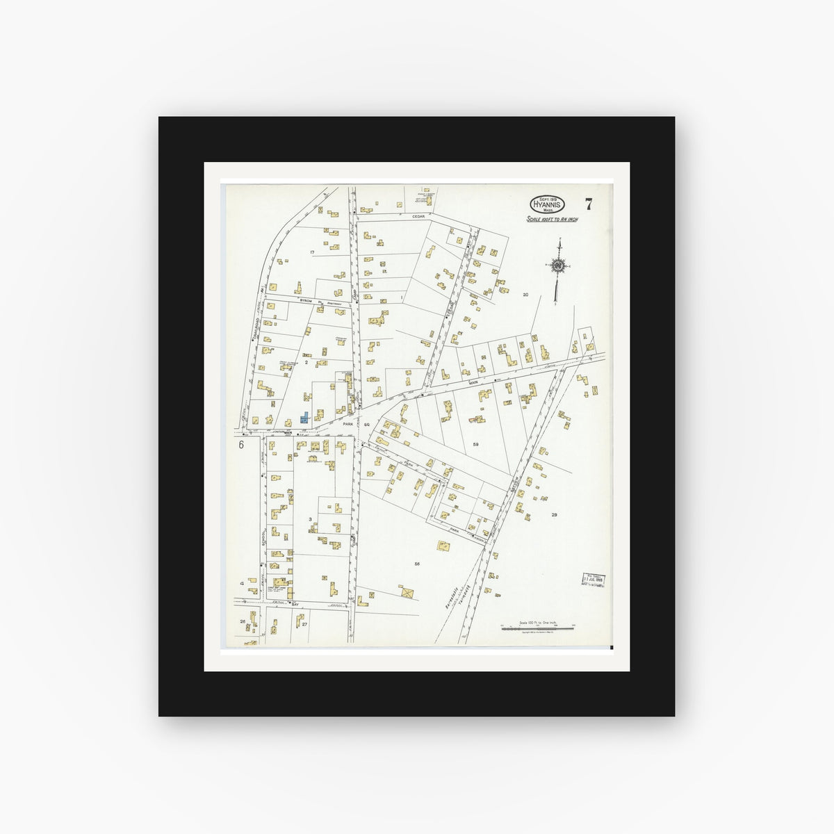 Old map wall art mockup — black gallery frame with white mat — Sanborn Fire Insurance Map from Hyannis, Barnstable County, Massachusetts (1919), Sheet #0007