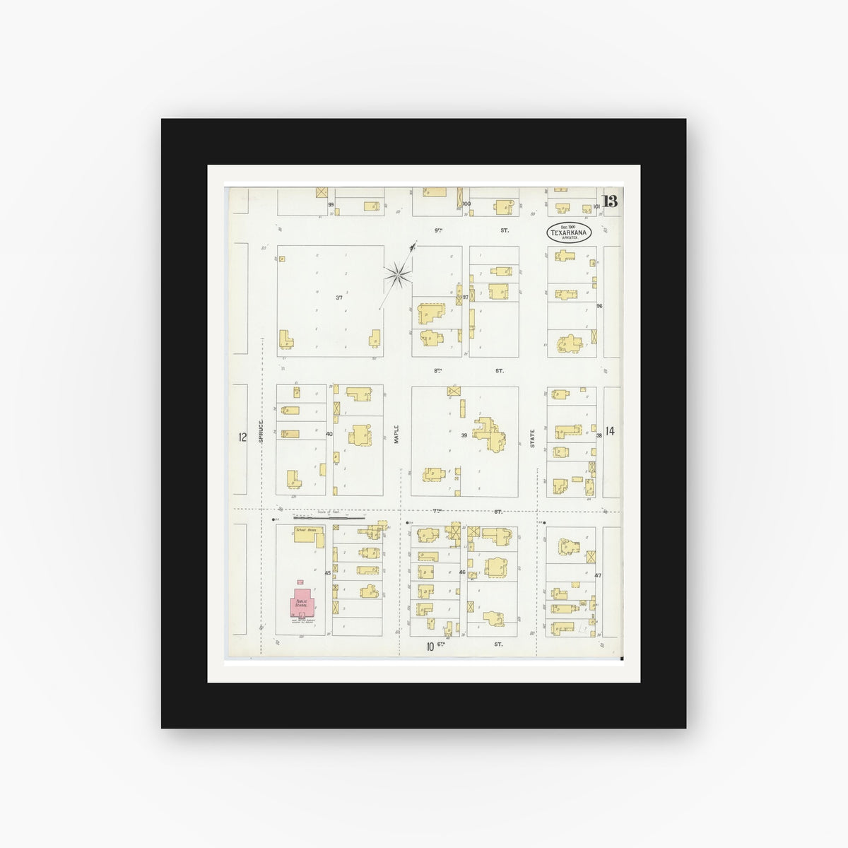 Old map wall art mockup — black gallery frame with white mat — Sanborn Fire Insurance Map from Texarkana, Bowie County, Texas (1900), Sheet #0013