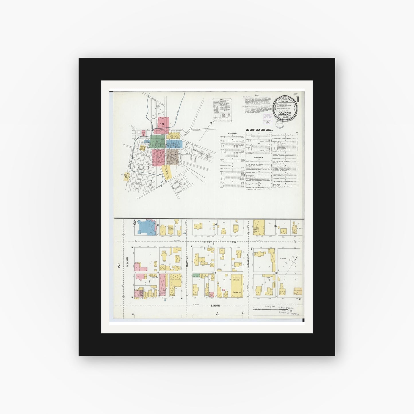 Old map wall art mockup — black gallery frame with white mat — Sanborn Fire Insurance Map from London, Madison County, Ohio (1901), Sheet #0001