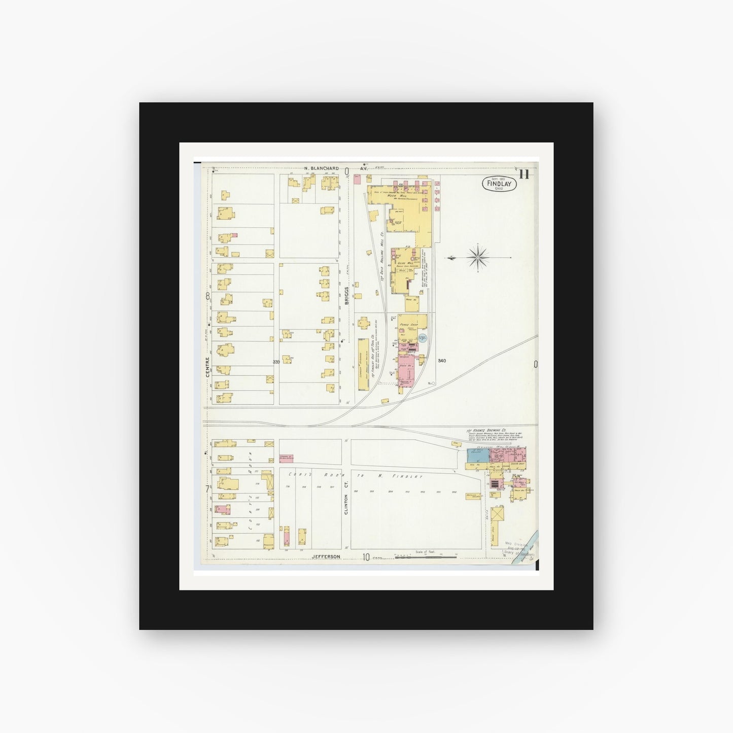 Old map wall art mockup — black gallery frame with white mat — Sanborn Fire Insurance Map from Findlay, Hancock County, Ohio (1901), Sheet #0011