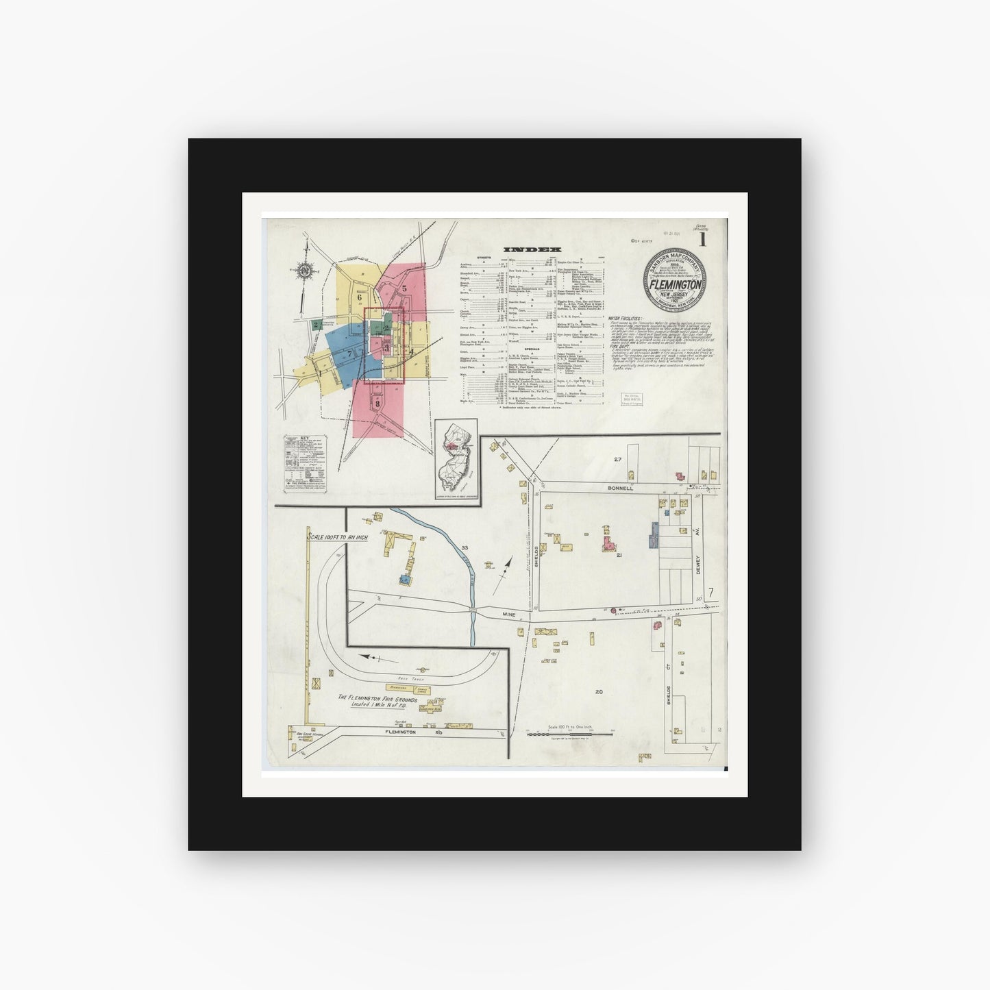 Old map wall art mockup — black gallery frame with white mat — Sanborn Fire Insurance Map from Flemington, Hunterdon County, New Jersey (1921), Sheet #0001