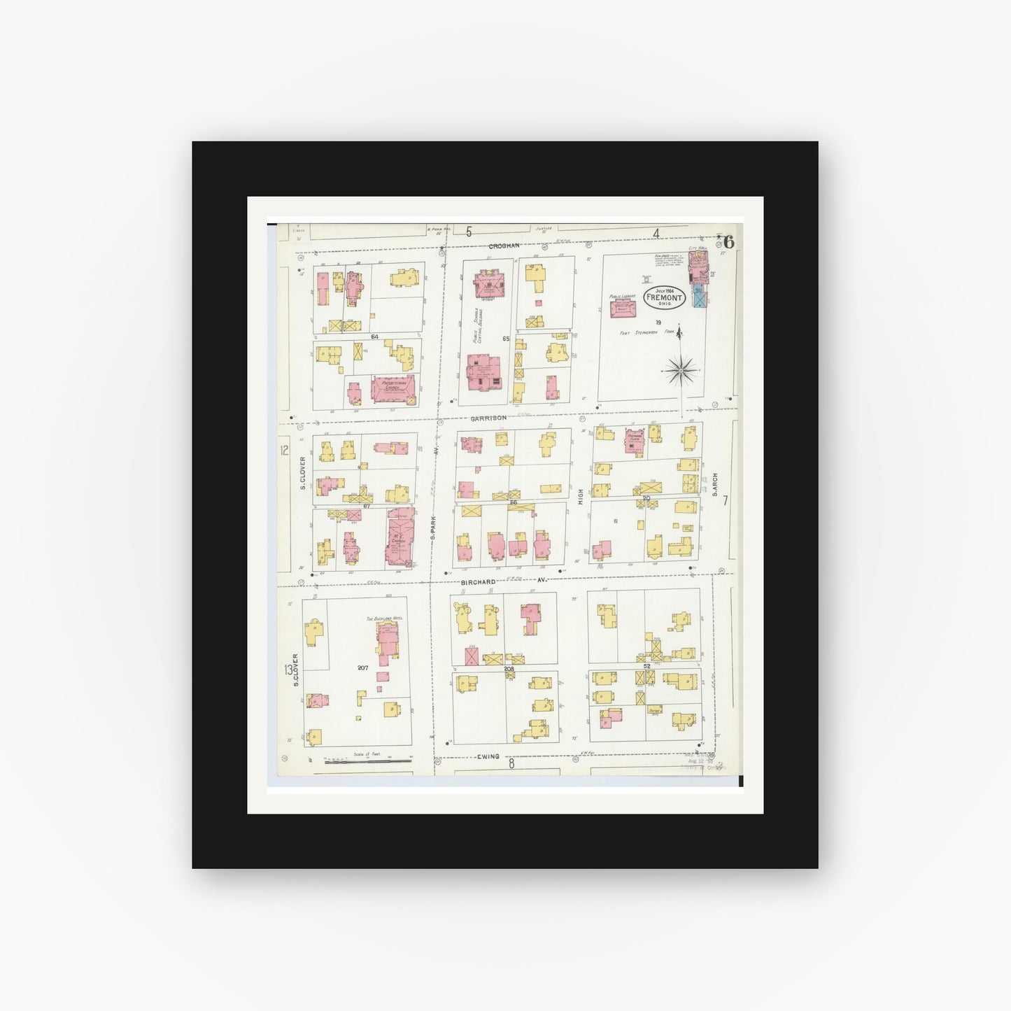 Old map wall art mockup — black gallery frame with white mat — Sanborn Fire Insurance Map from Fremont, Sandusky County, Ohio (1904), Sheet #0006