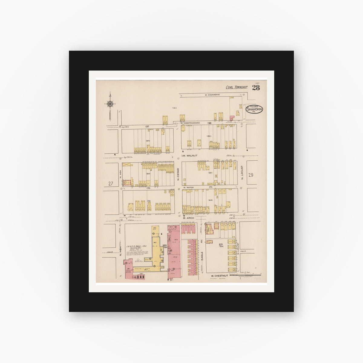 Old map wall art mockup — black gallery frame with white mat — Sanborn Fire Insurance Map from Shamokin, Northumberland County, Pennsylvania (1922), Sheet #0028